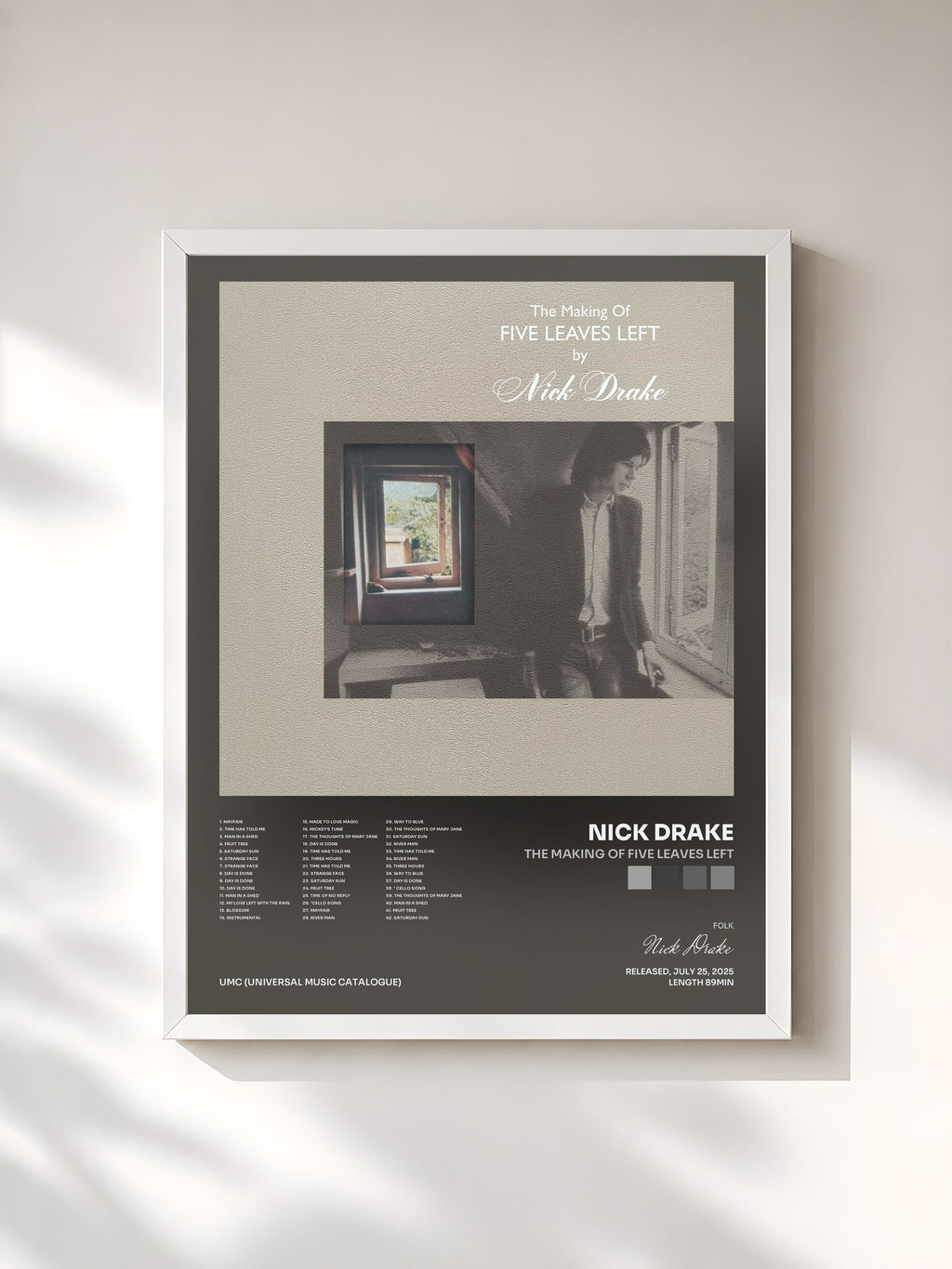 #blanc Tableau de l'album The Making Of Five Leaves Left de Nick Drake, cadre blanc, imprimé et encadré en France