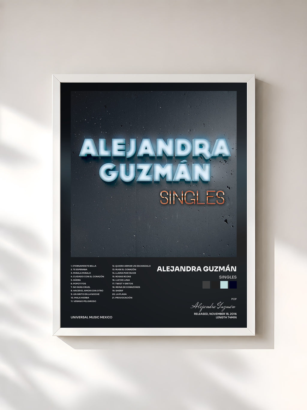 #blanc Tableau de l'album Singles de Alejandra Guzmán, cadre blanc, imprimé et encadré en France