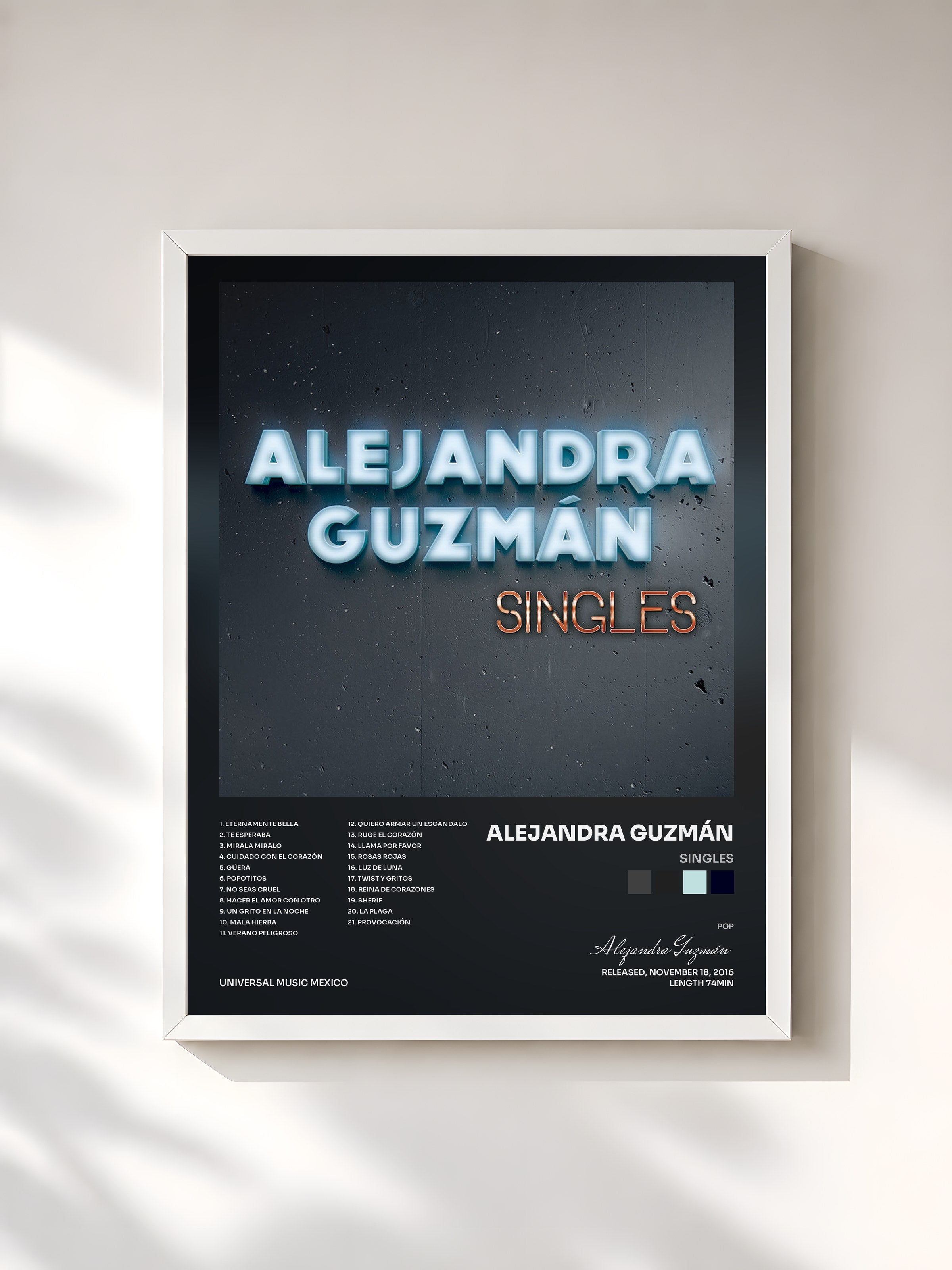 #blanc Tableau de l'album Singles de Alejandra Guzmán, cadre blanc, imprimé et encadré en France