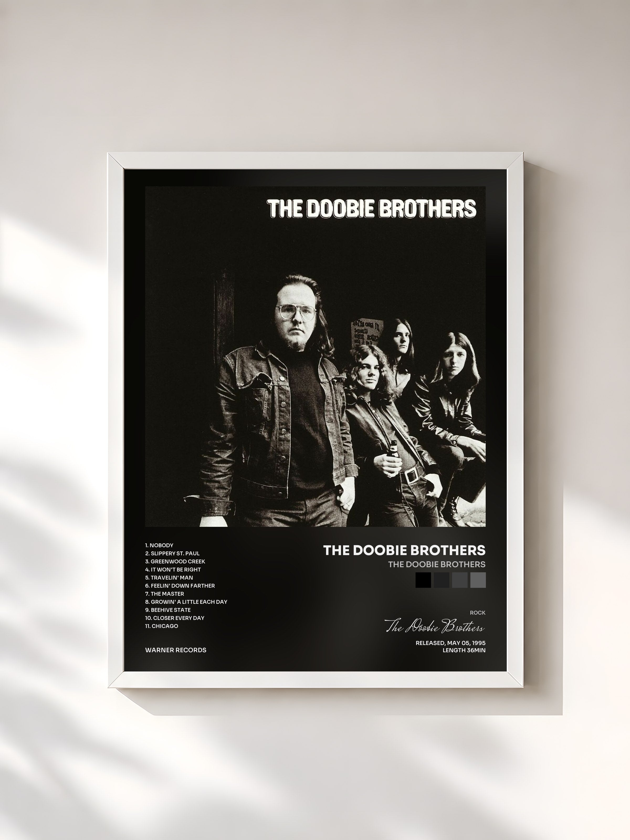 #blanc Tableau de l'album The Doobie Brothers de The Doobie Brothers, cadre blanc, imprimé et encadré en France