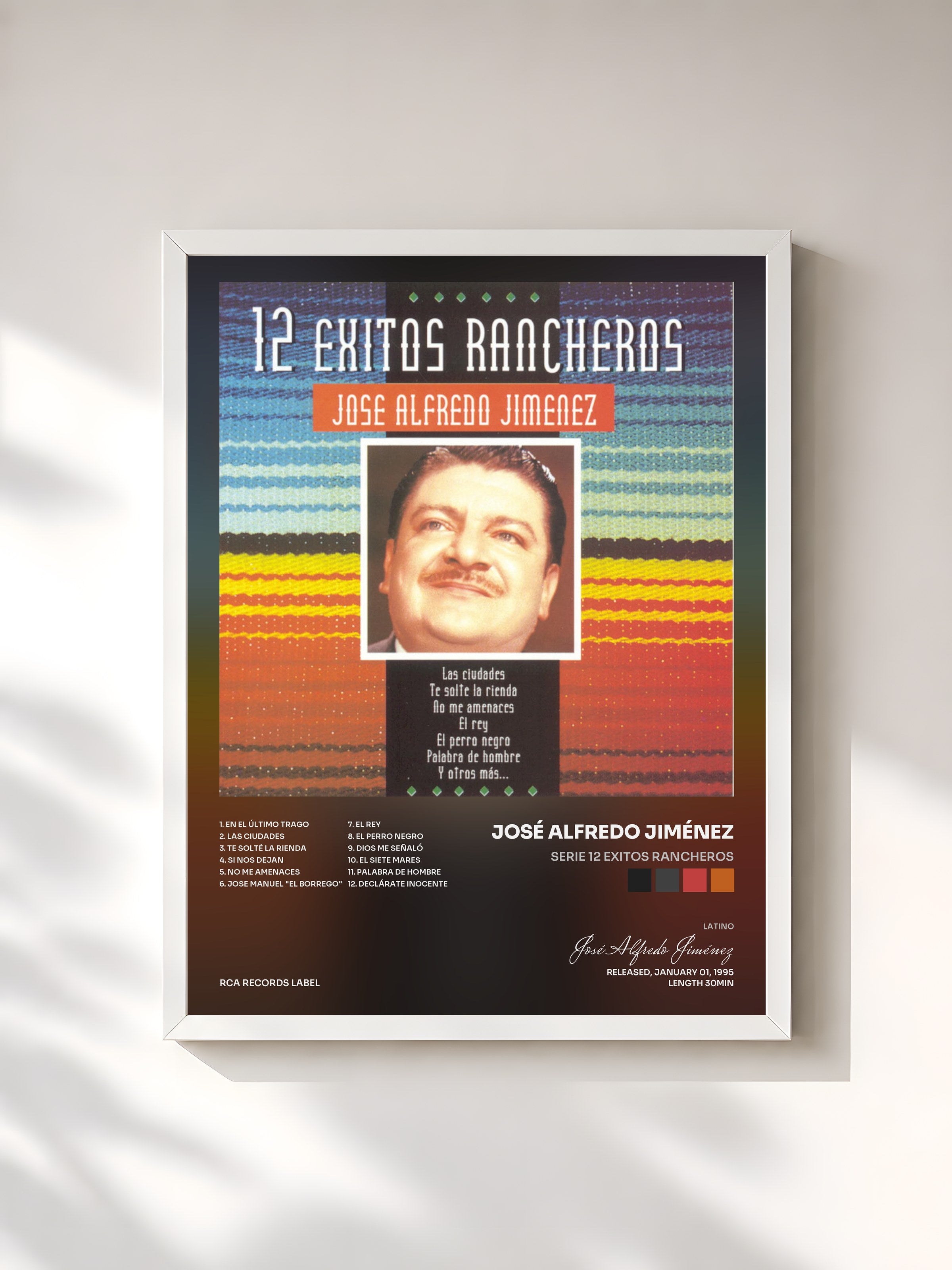 #blanc Tableau de l'album Serie 12 Exitos Rancheros de José Alfredo Jiménez, cadre blanc, imprimé et encadré en France