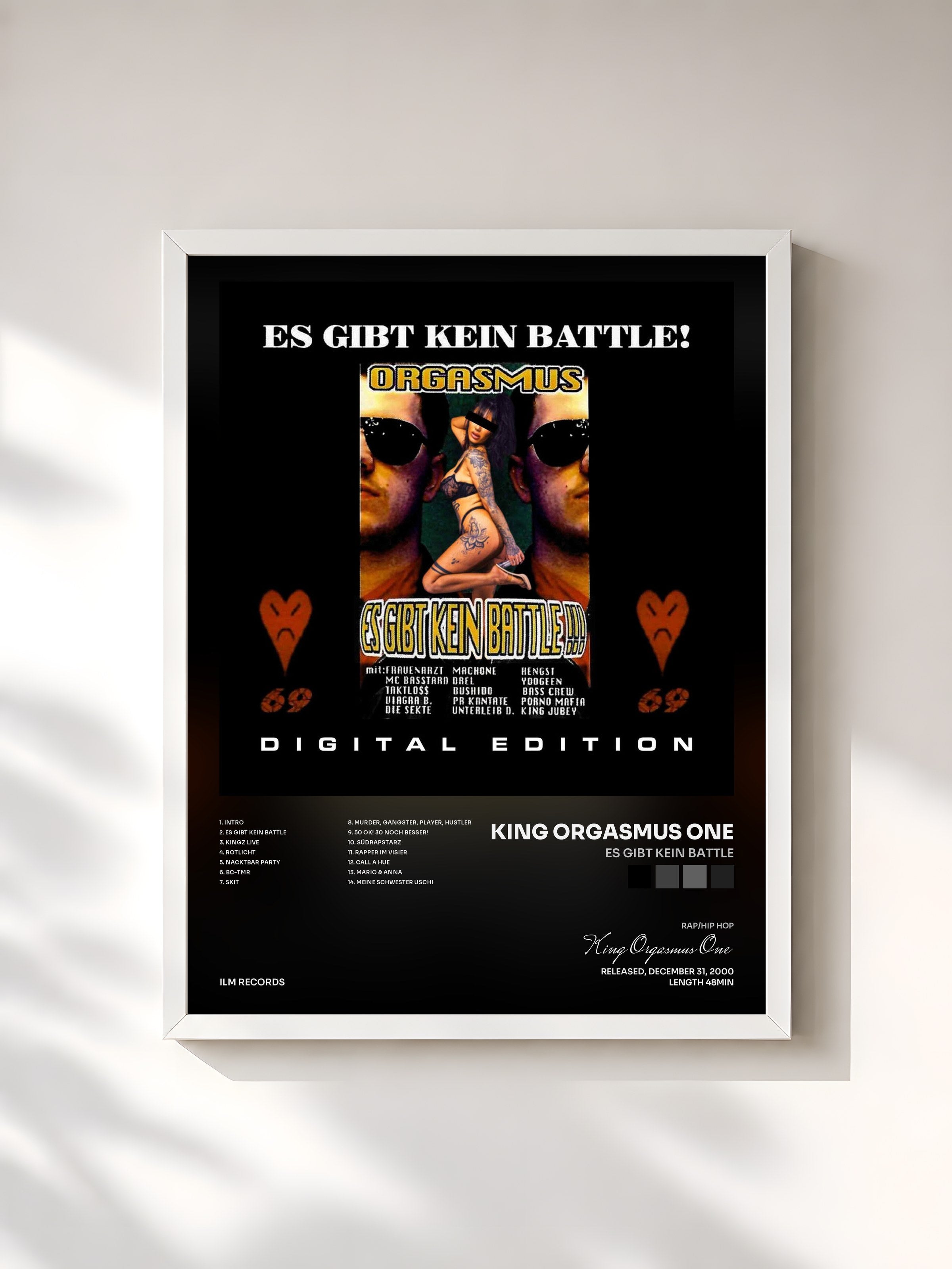 #blanc Tableau de l'album Es gibt kein Battle de King Orgasmus One, cadre blanc, imprimé et encadré en France