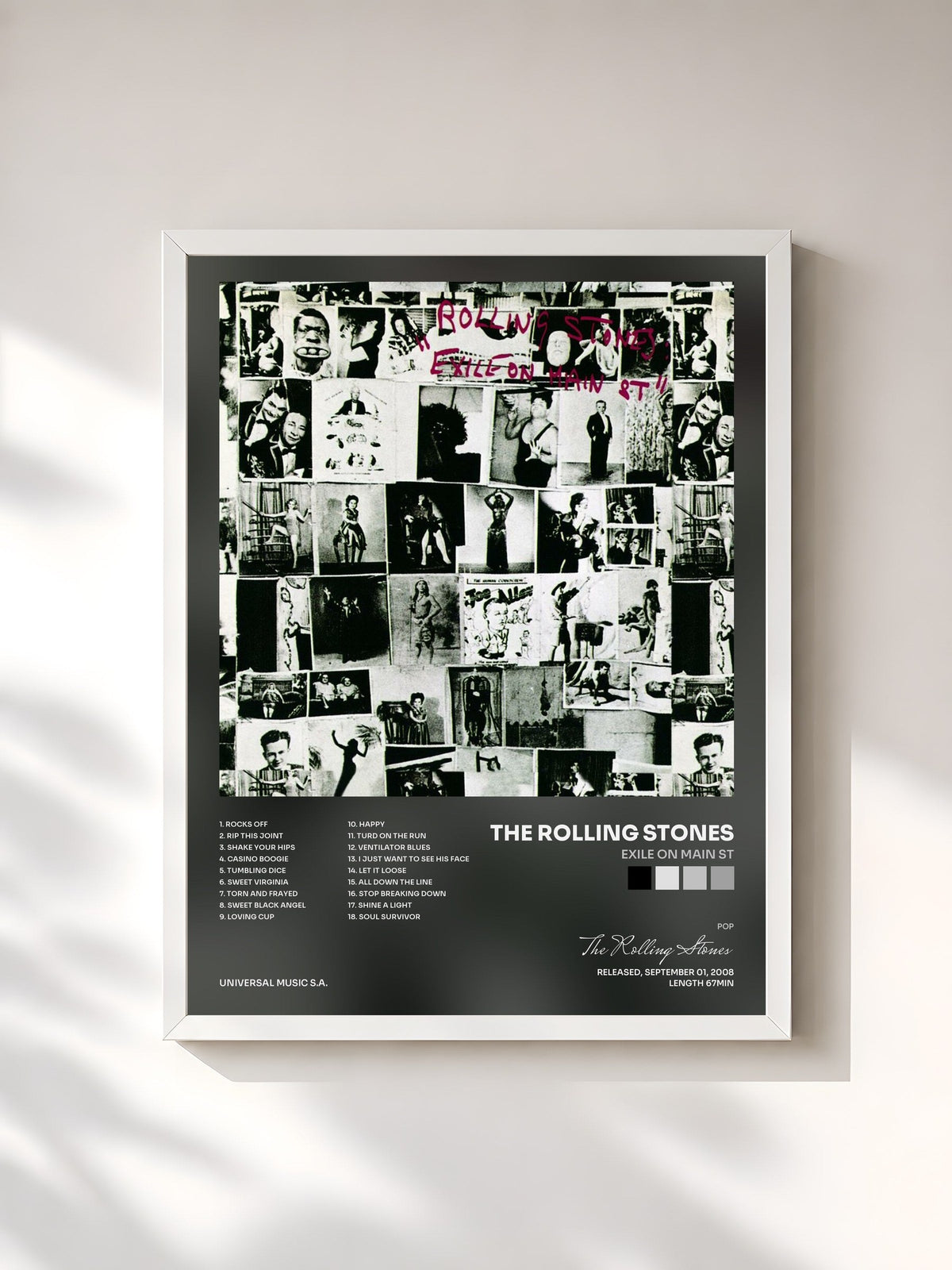 #blanc Tableau de l'album Exile On Main St de The Rolling Stones, cadre blanc, imprimé et encadré en France