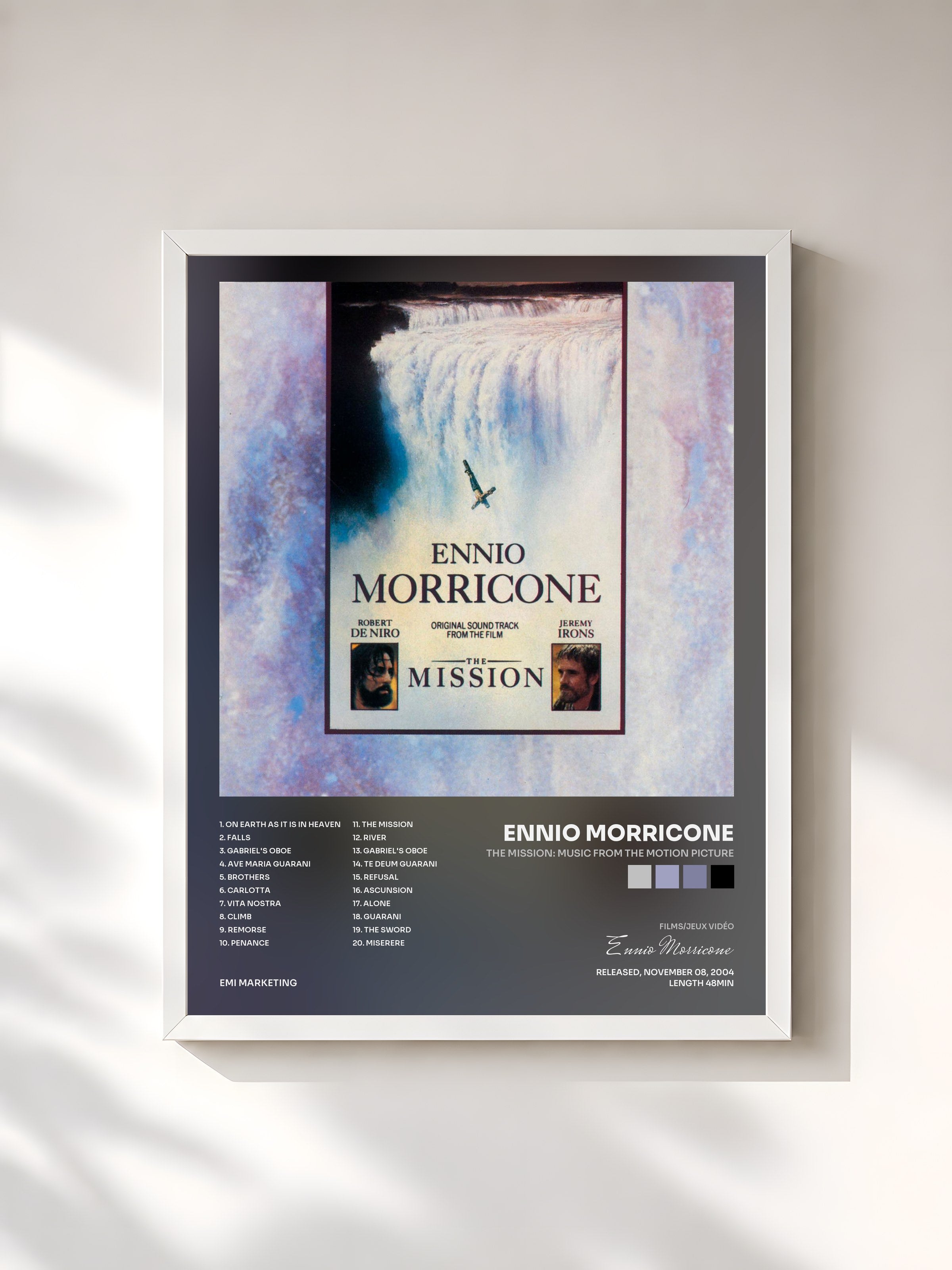 #blanc Tableau de l'album The Mission: Music From The Motion Picture de Ennio Morricone, cadre blanc, imprimé et encadré en France