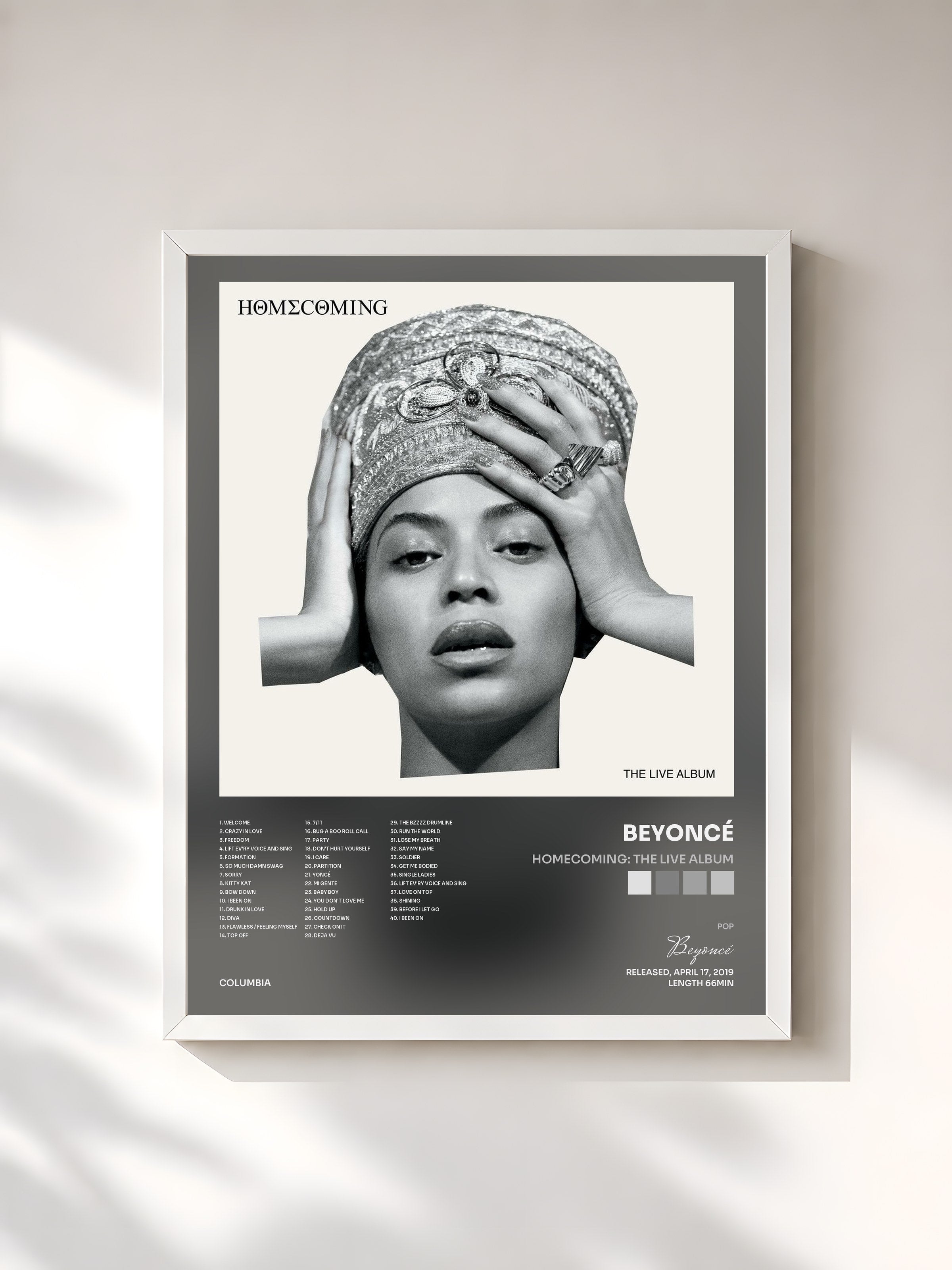 #blanc Tableau de l'album HOMECOMING: THE LIVE ALBUM de Beyoncé, cadre blanc, imprimé et encadré en France