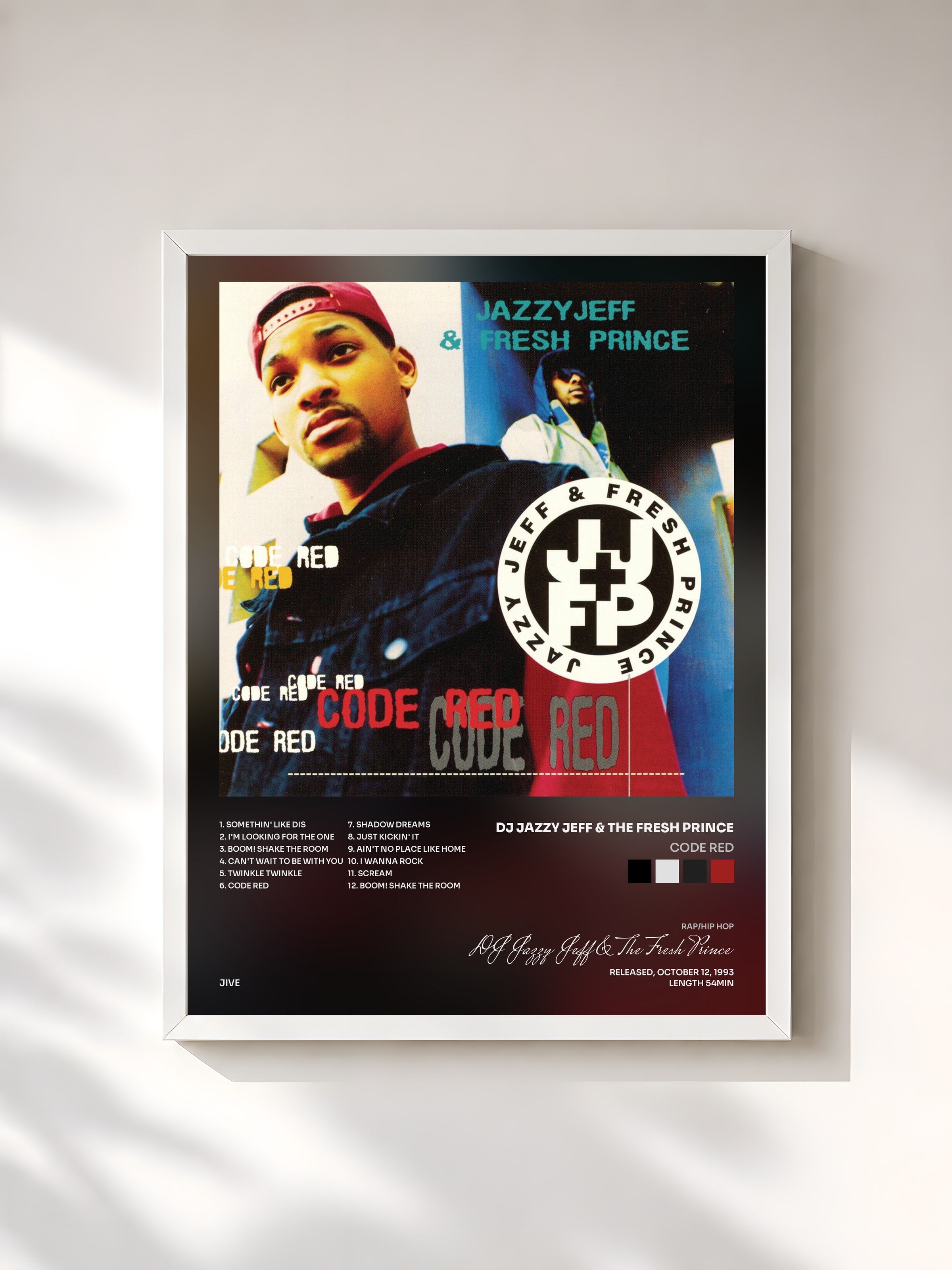 #blanc Tableau de l'album Code Red de DJ Jazzy Jeff & The Fresh Prince, cadre blanc, imprimé et encadré en France