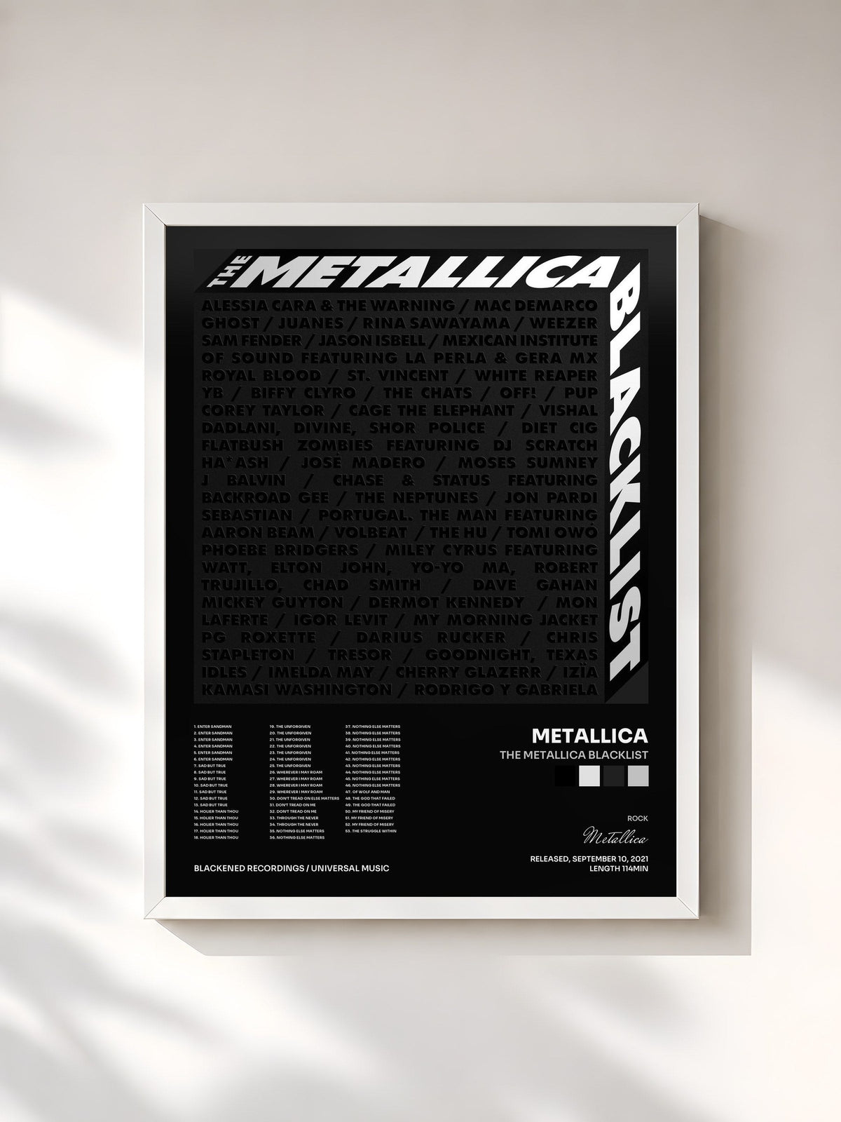 #blanc Tableau de l'album The Metallica Blacklist de Metallica, cadre blanc, imprimé et encadré en France