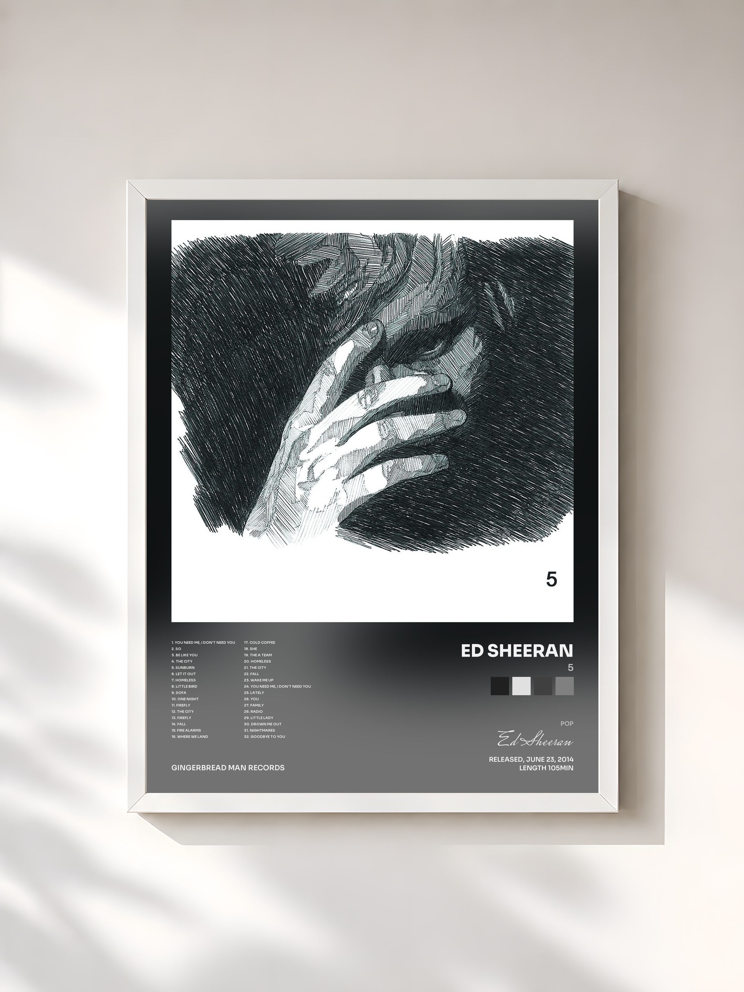 #blanc Tableau de l'album 5 de Ed Sheeran, cadre blanc, imprimé et encadré en France