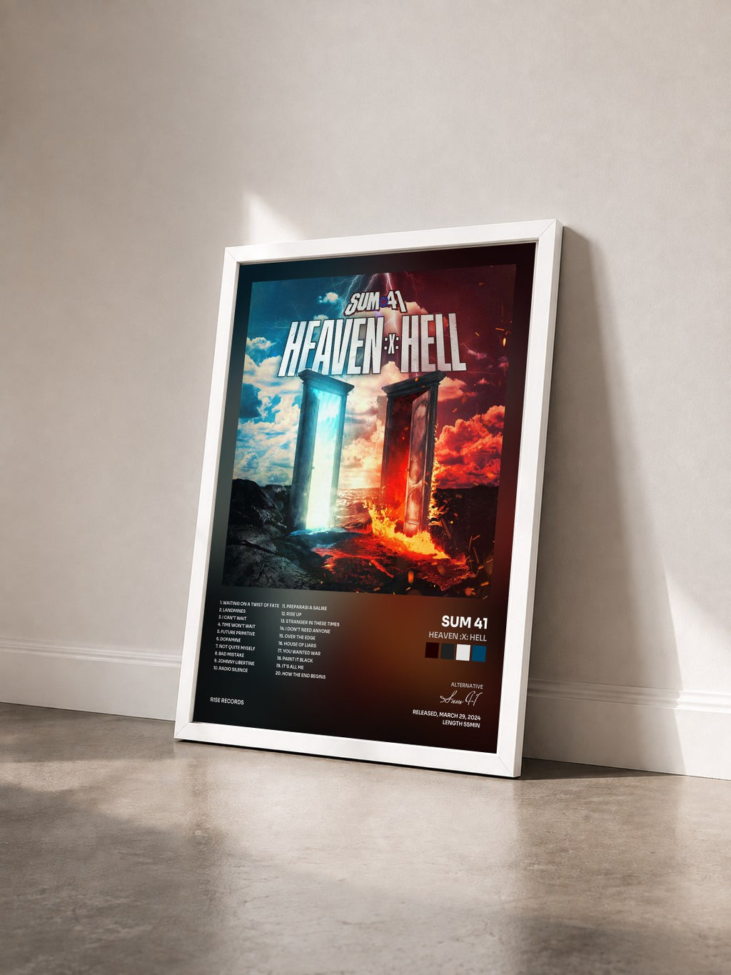 #blanc Heaven :x: Hell di Sum 41 in stampa incorniciata vista di tre quarti, cornice bianca