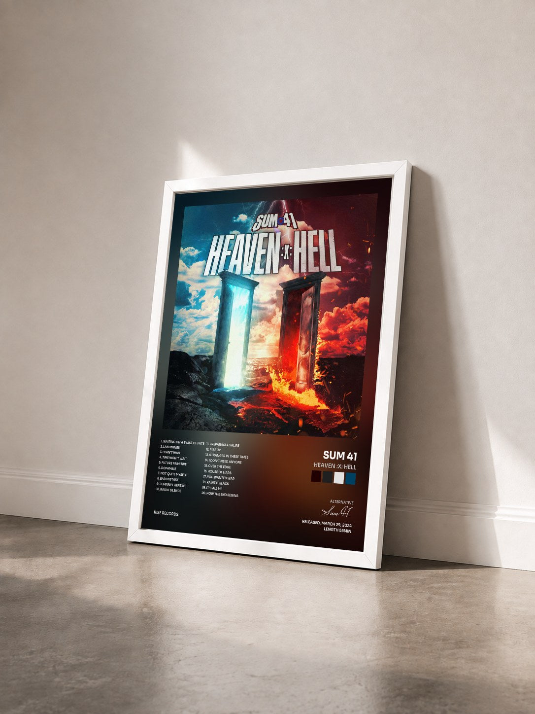 #blanc Heaven :x: Hell by Sum 41 as a framed art print seen at an angle, white frame