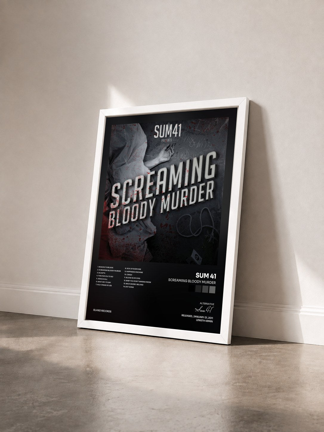 #blanc Screaming Bloody Murder by Sum 41 as a framed art print seen at an angle, white frame