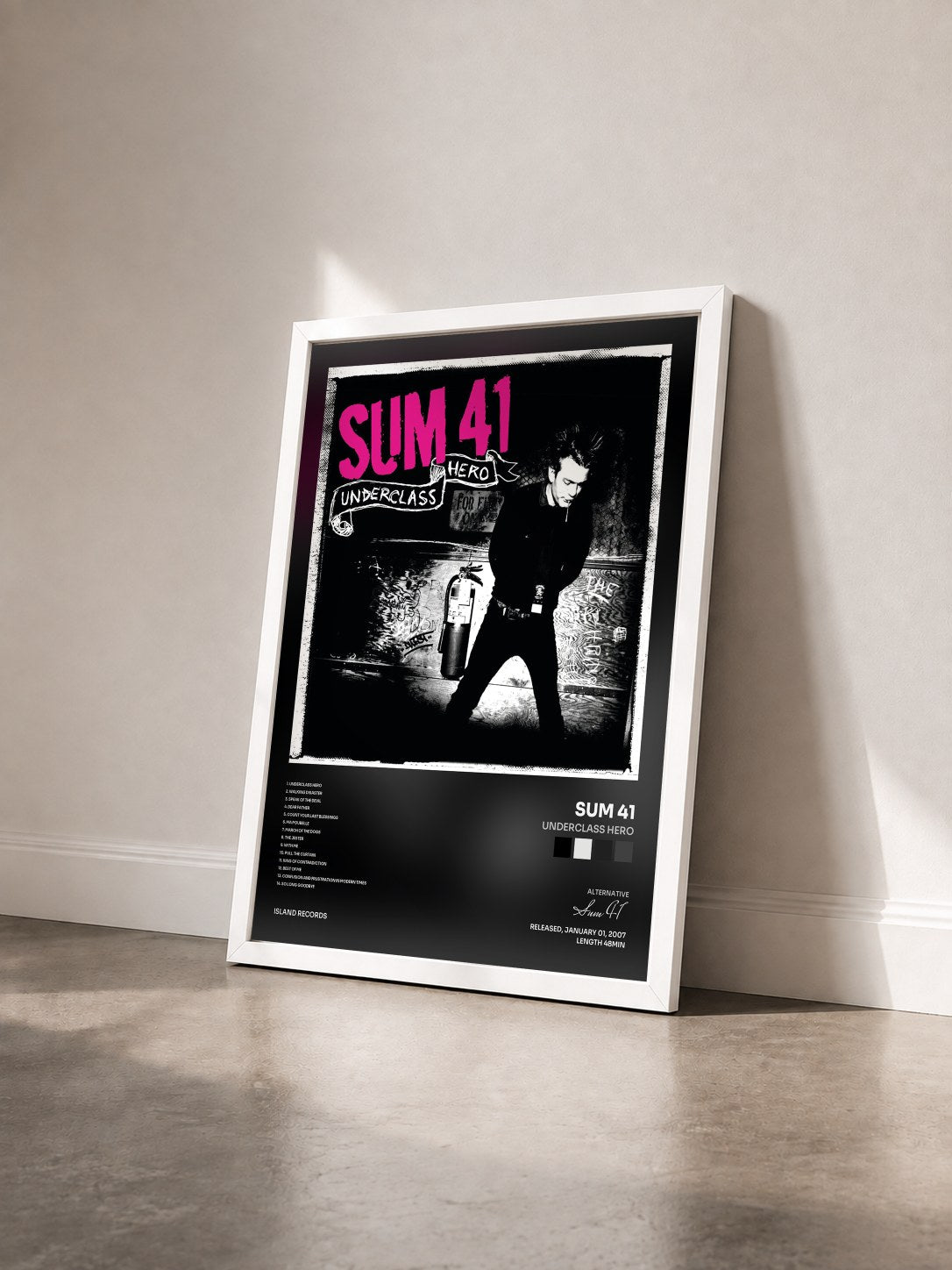 #blanc Underclass Hero by Sum 41 as a framed art print seen at an angle, white frame