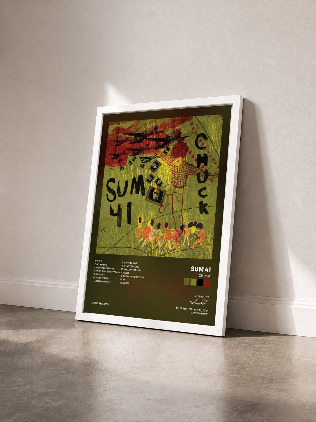 #blanc Chuck by Sum 41 as a framed art print seen at an angle, white frame