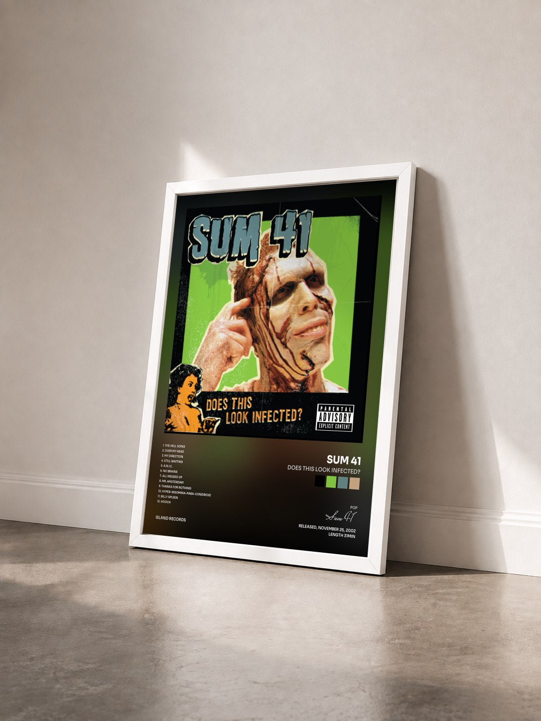 #blanc Does This Look Infected? by Sum 41 as a framed art print seen at an angle, white frame