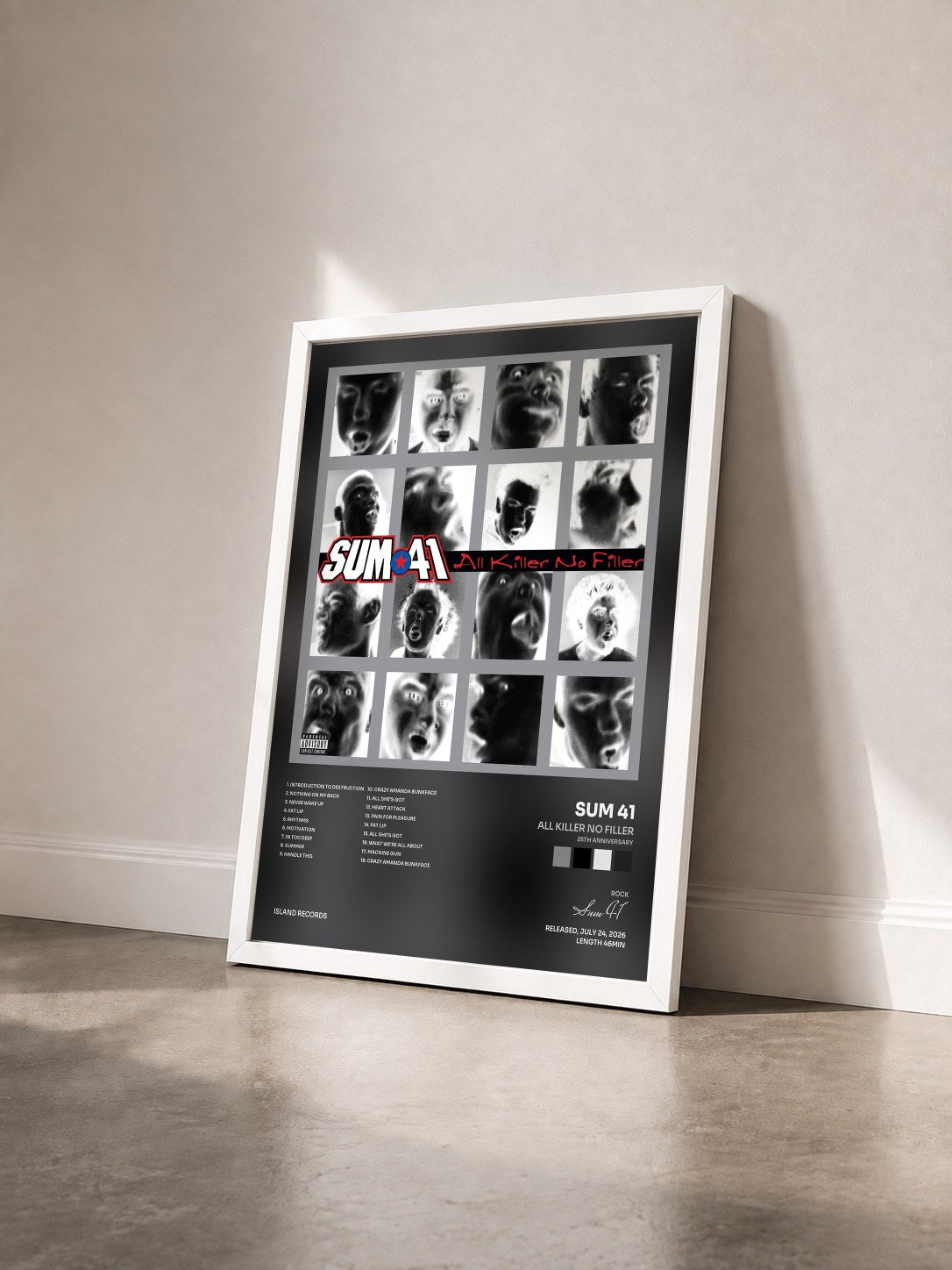 #blanc All Killer No Filler (25th Anniversary) by Sum 41 as a framed art print seen at an angle, white frame