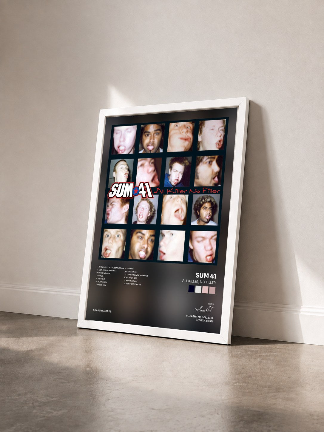 #blanc All Killer, No Filler by Sum 41 as a framed art print seen at an angle, white frame