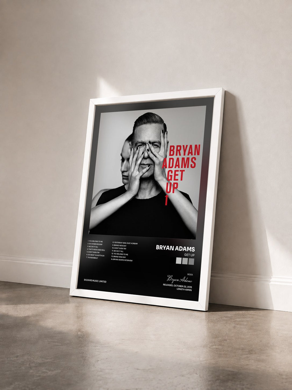 #blanc Tableau de l'album Get Up de Bryan Adams vu de trois quarts, cadre blanc
