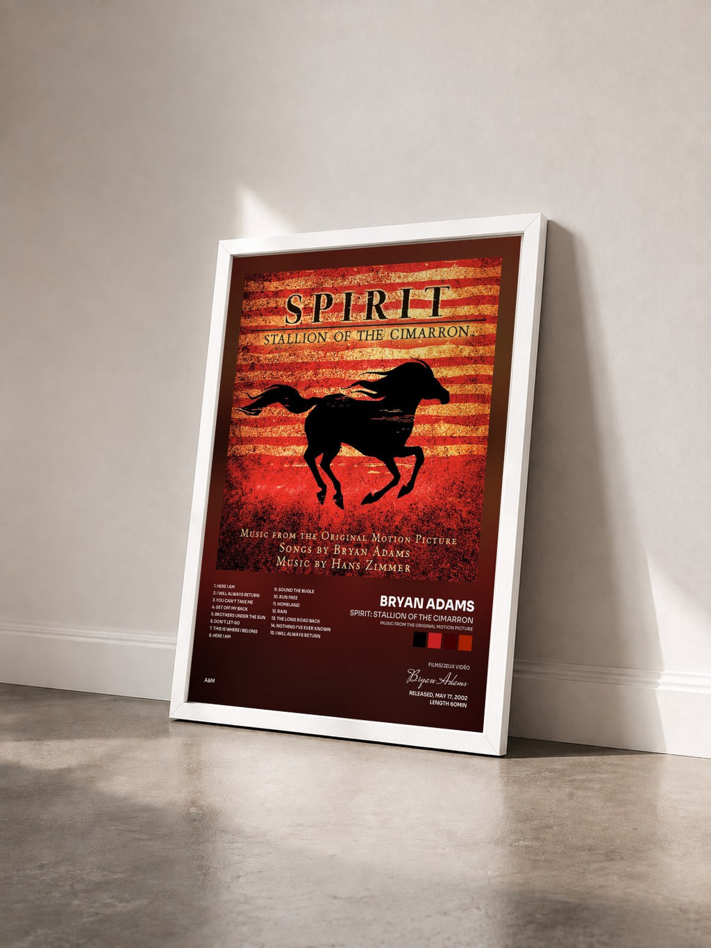 #blanc Tableau de l'album Spirit: Stallion Of The Cimarron (Music From The Original Motion Picture) de Bryan Adams vu de trois quarts, cadre blanc
