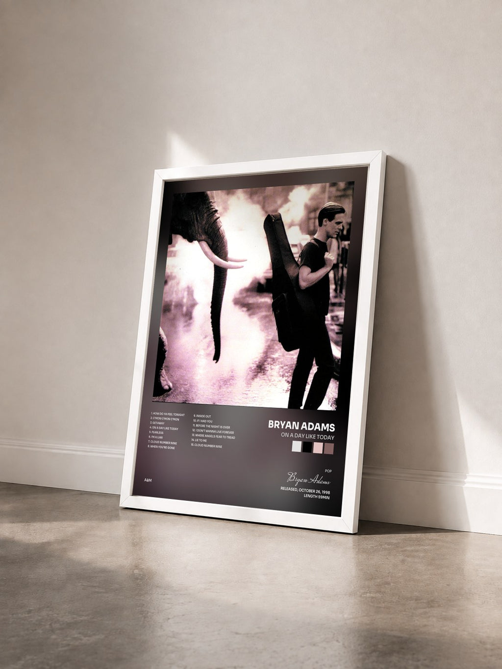 #blanc On A Day Like Today von Bryan Adams als gerahmter Kunstdruck von schräg gesehen, weißer Rahmen
