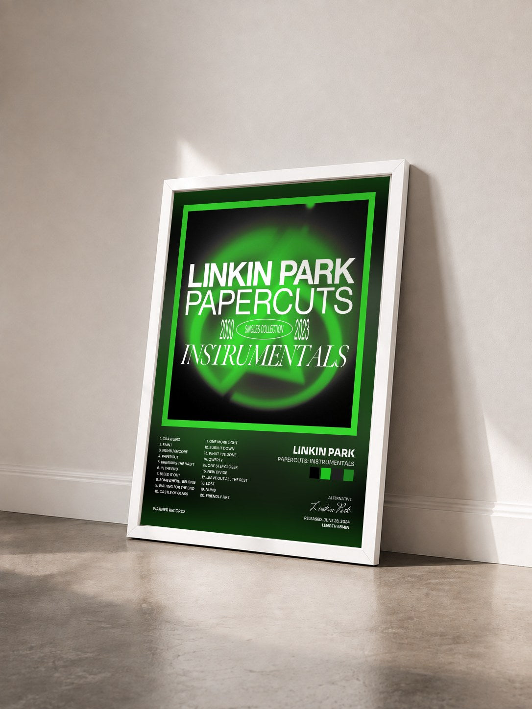 #blanc Papercuts: Instrumentals di Linkin Park in stampa incorniciata vista di tre quarti, cornice bianca