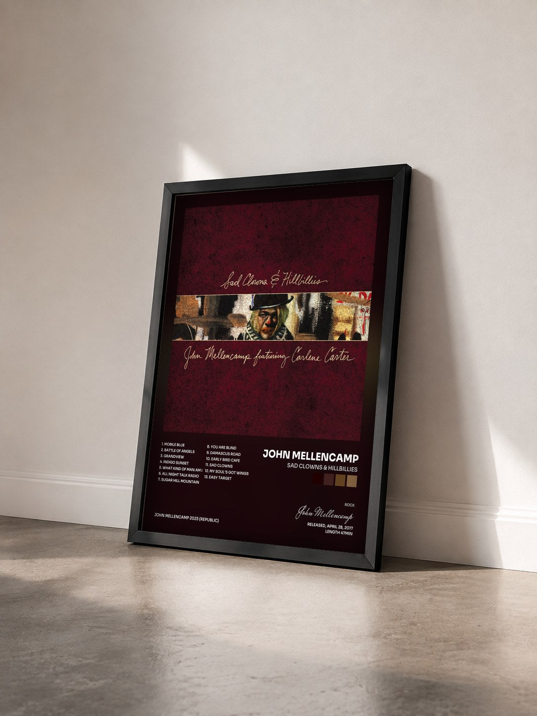 #noir Sad Clowns & Hillbillies by John Mellencamp as a framed art print seen at an angle, black frame