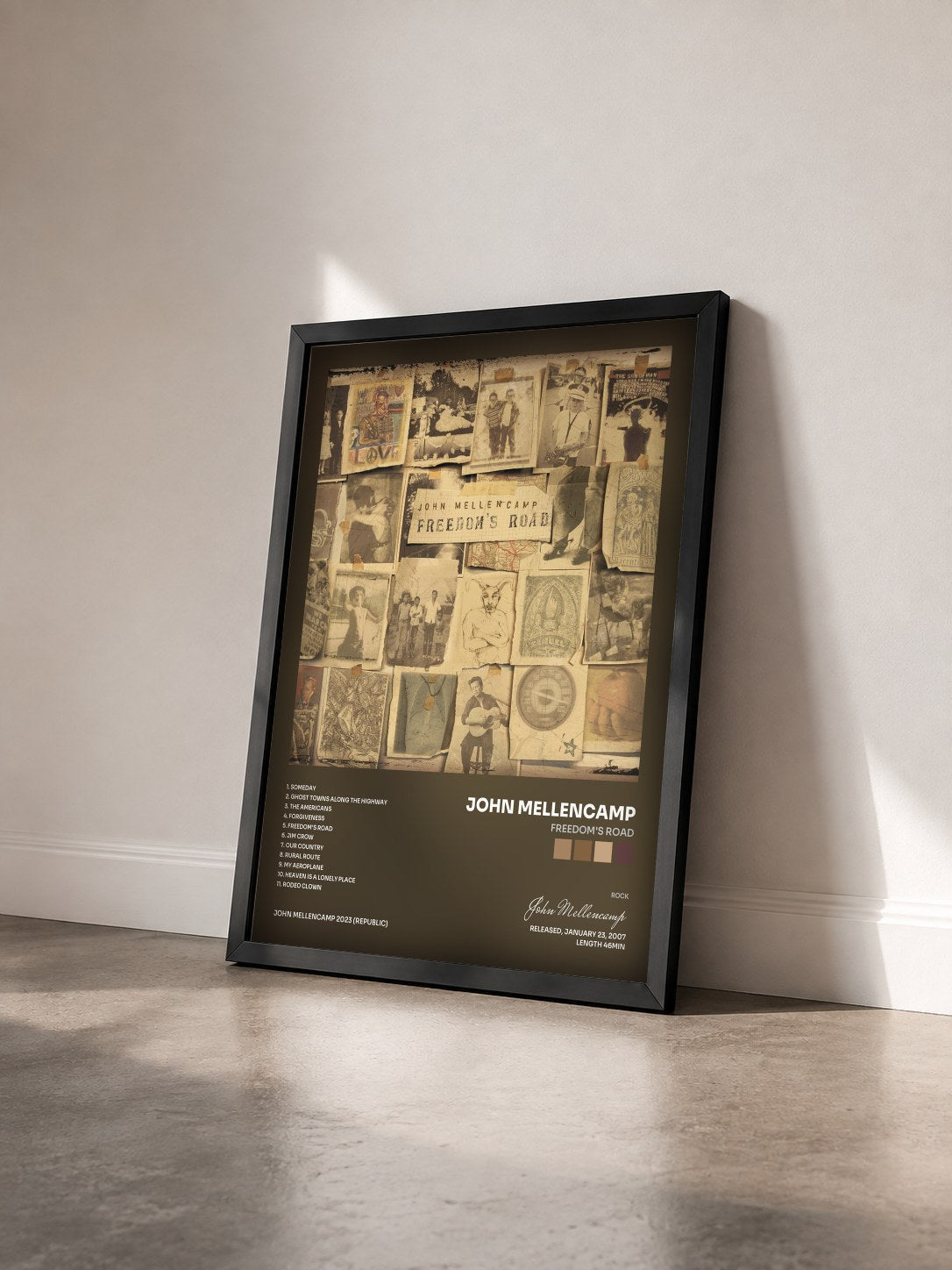 #noir Freedom's Road by John Mellencamp as a framed art print seen at an angle, black frame