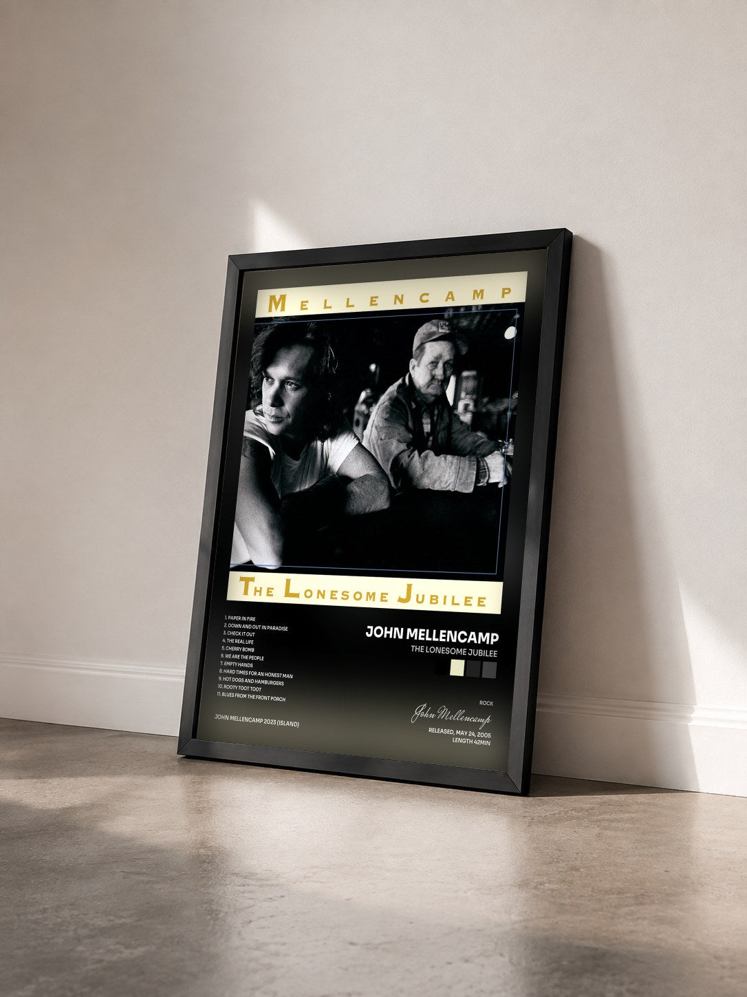 #noir The Lonesome Jubilee by John Mellencamp as a framed art print seen at an angle, black frame