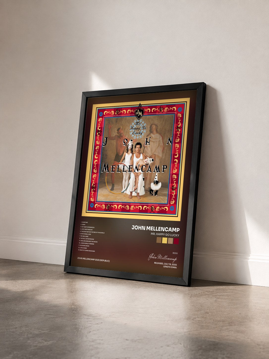 #noir Mr. Happy Go Lucky by John Mellencamp as a framed art print seen at an angle, black frame
