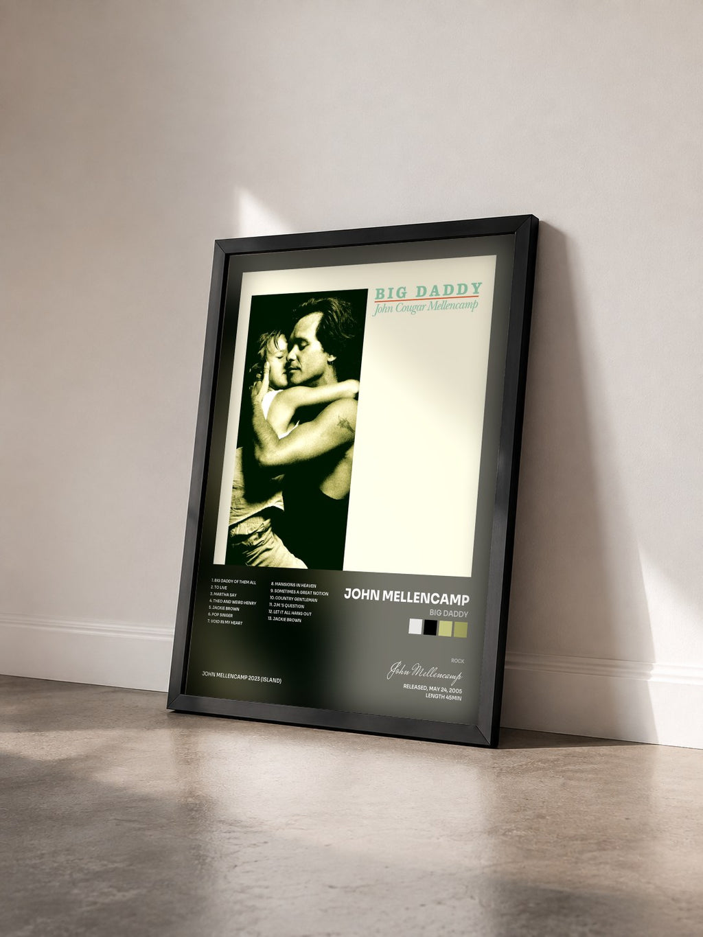 #noir Big Daddy by John Mellencamp as a framed art print seen at an angle, black frame