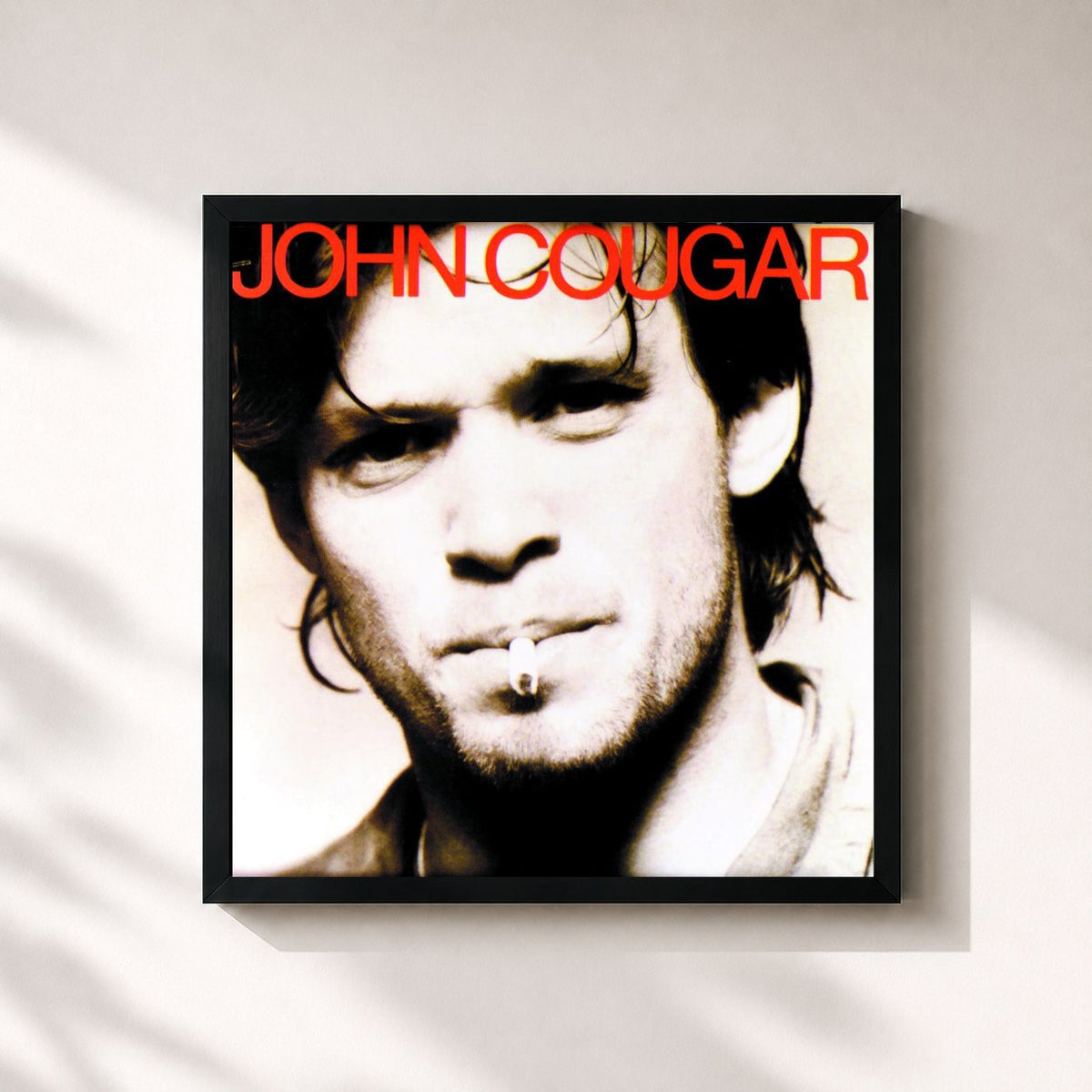 #noir John Cougar de John Mellencamp en lámina cuadrada enmarcada, marco negro de 32x32 cm