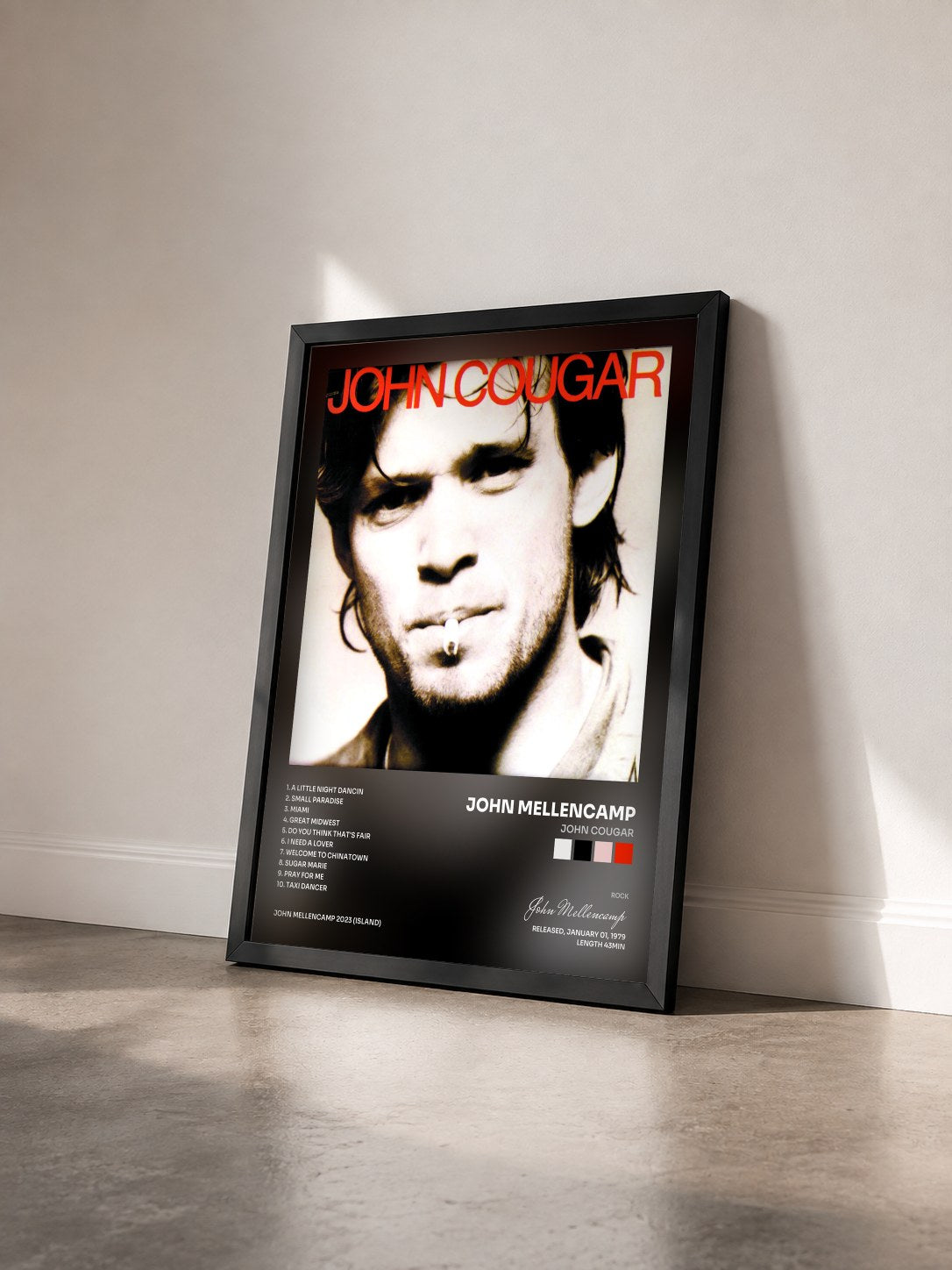 #noir John Cougar de John Mellencamp en lámina enmarcada vista de tres cuartos, marco negro