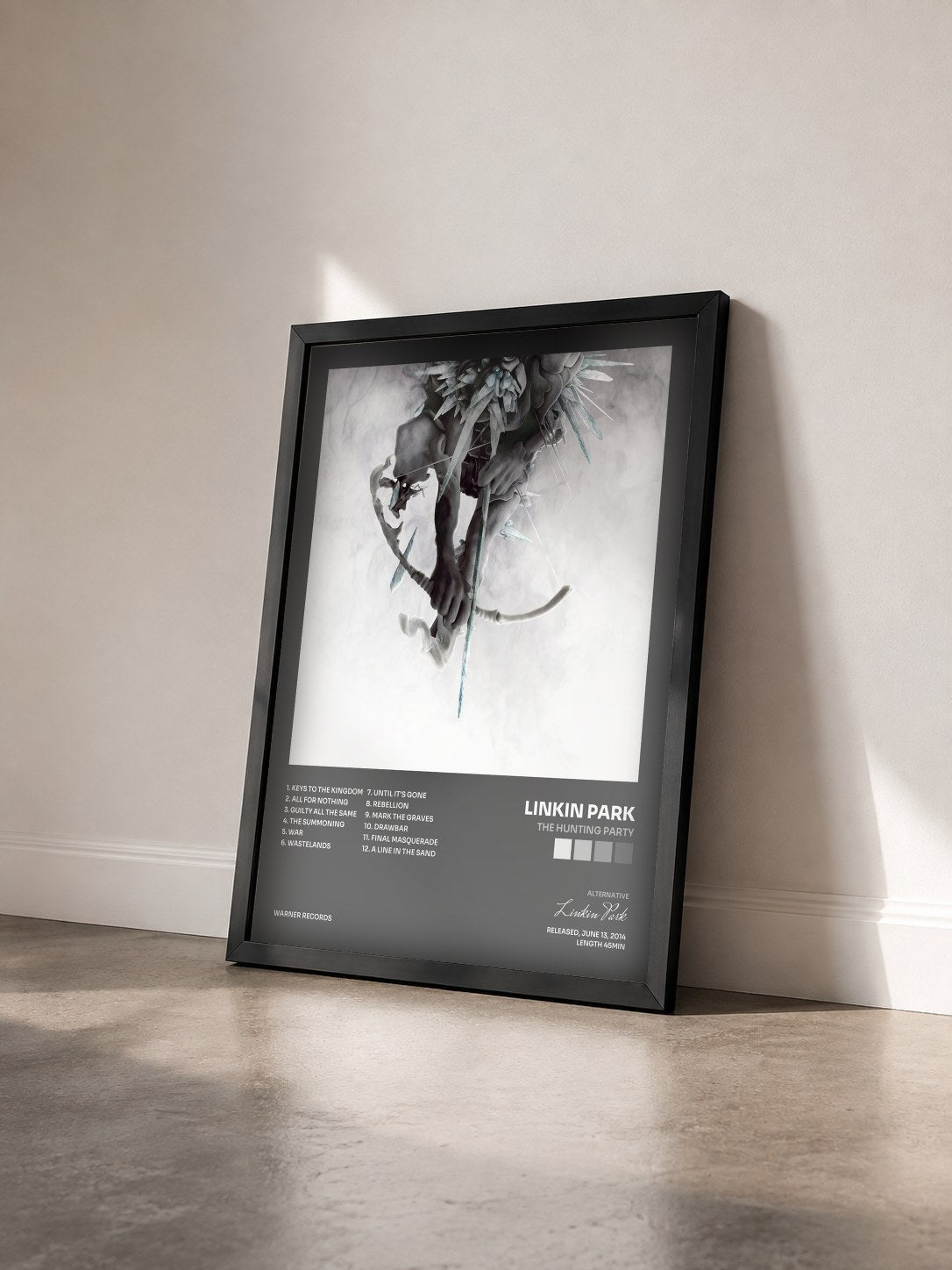 #noir The Hunting Party by Linkin Park as a framed art print seen at an angle, black frame