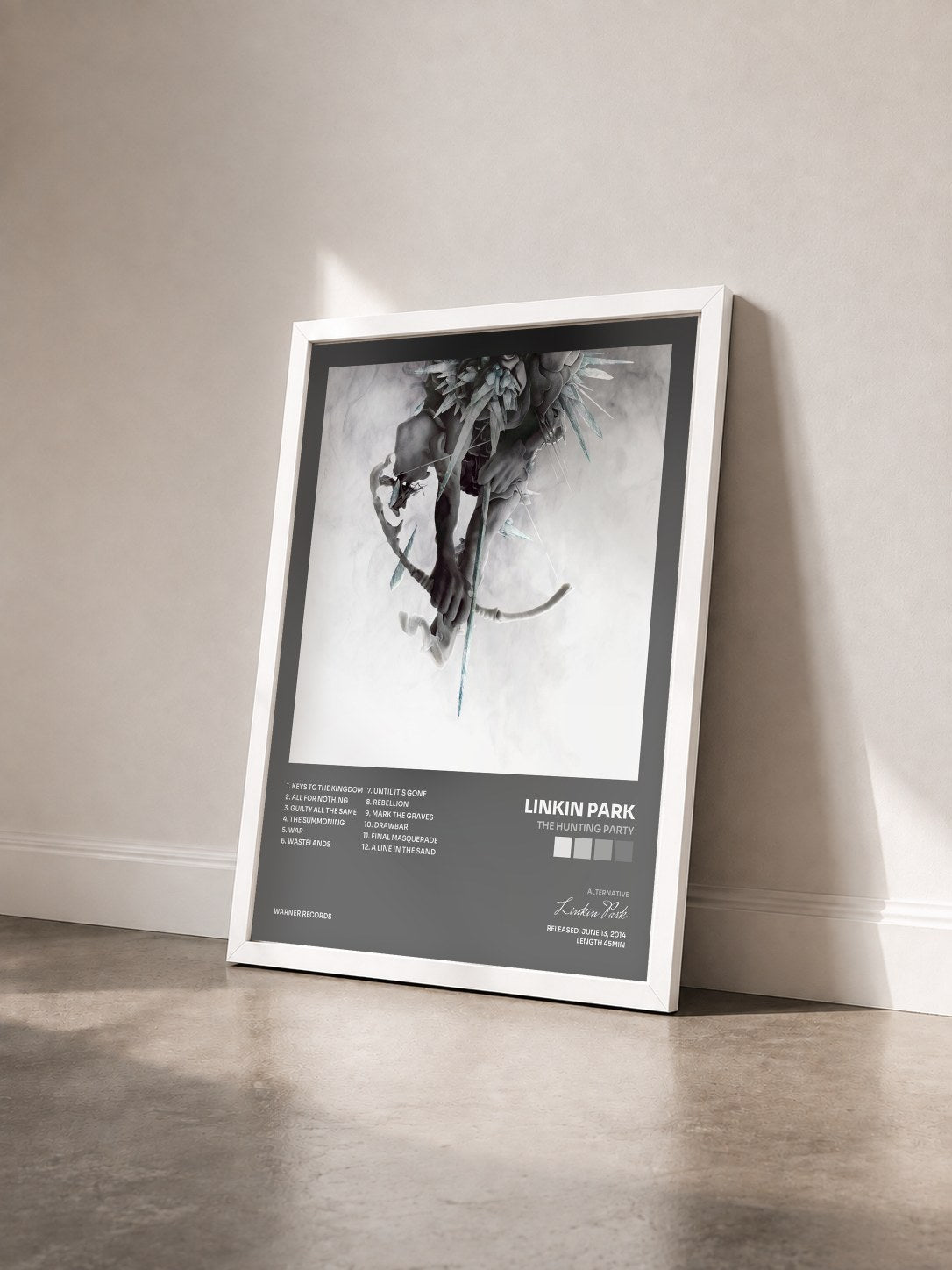 #blanc The Hunting Party by Linkin Park as a framed art print seen at an angle, white frame