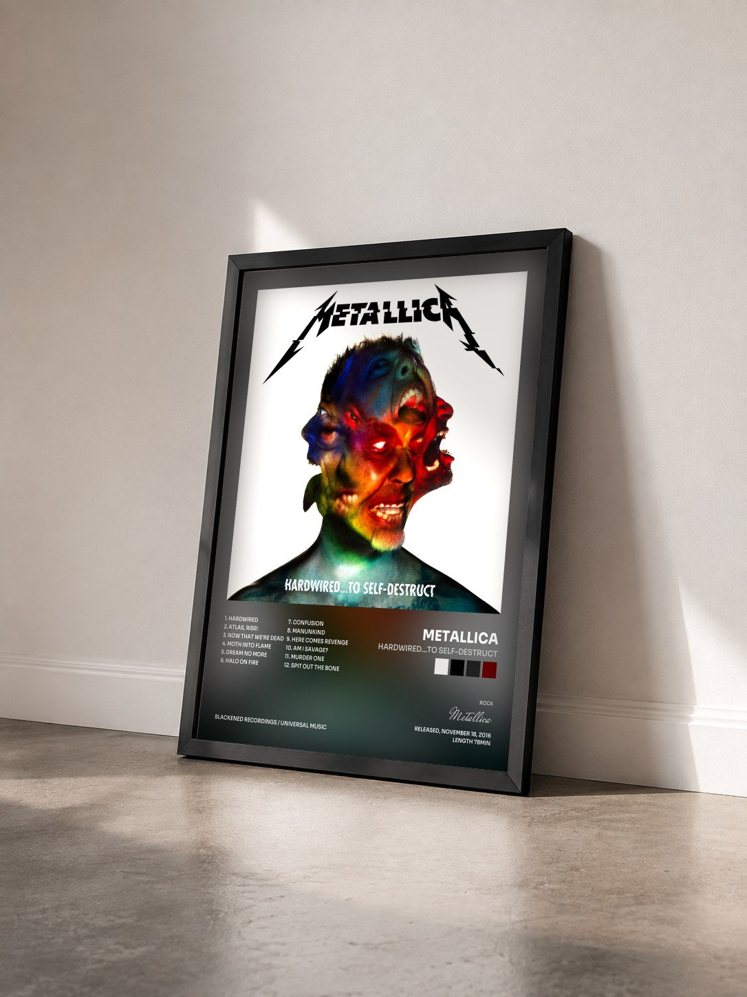 #noir Hardwired…To Self-Destruct by Metallica as a framed art print seen at an angle, black frame