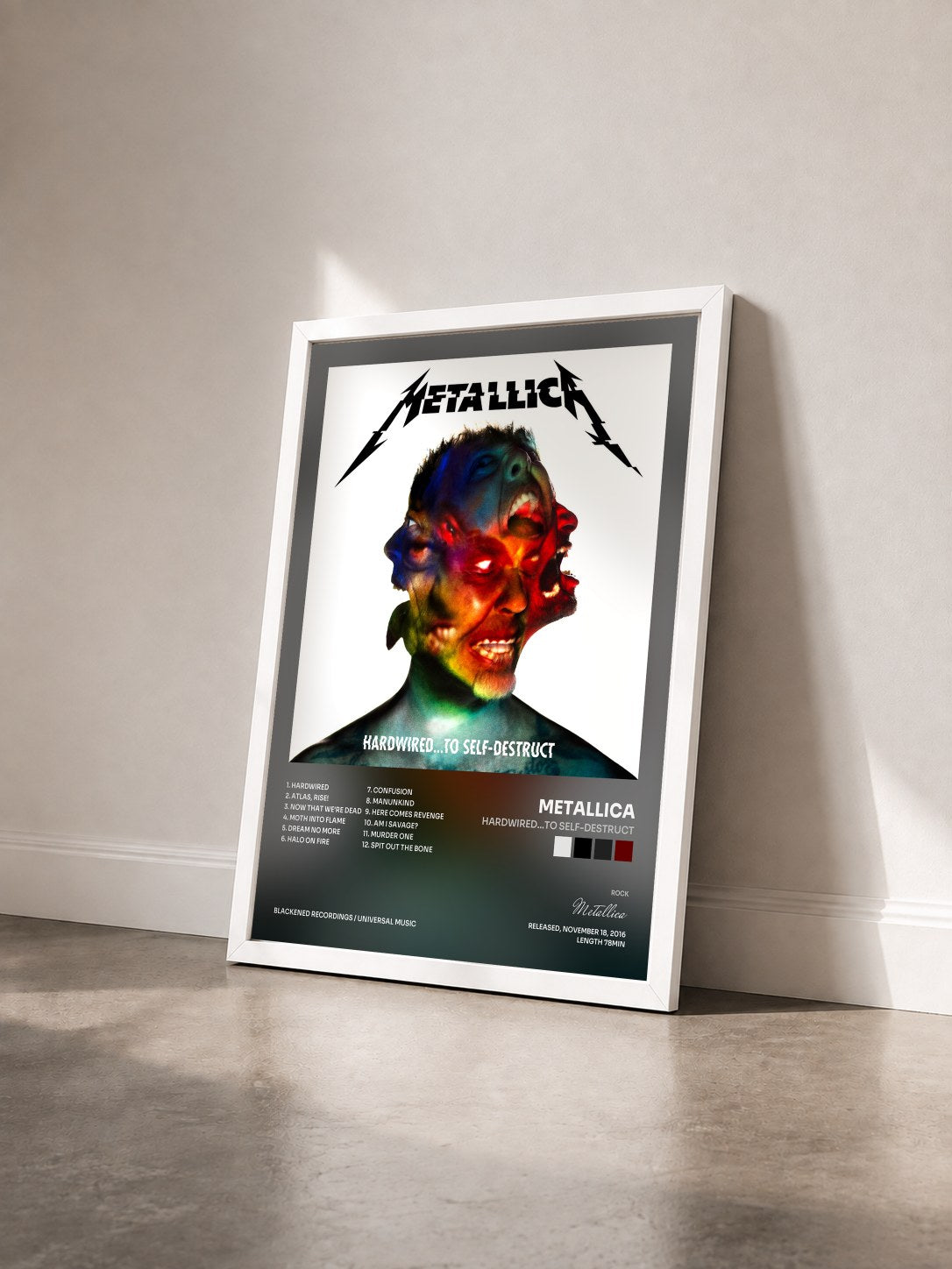#blanc Hardwired…To Self-Destruct by Metallica as a framed art print seen at an angle, white frame