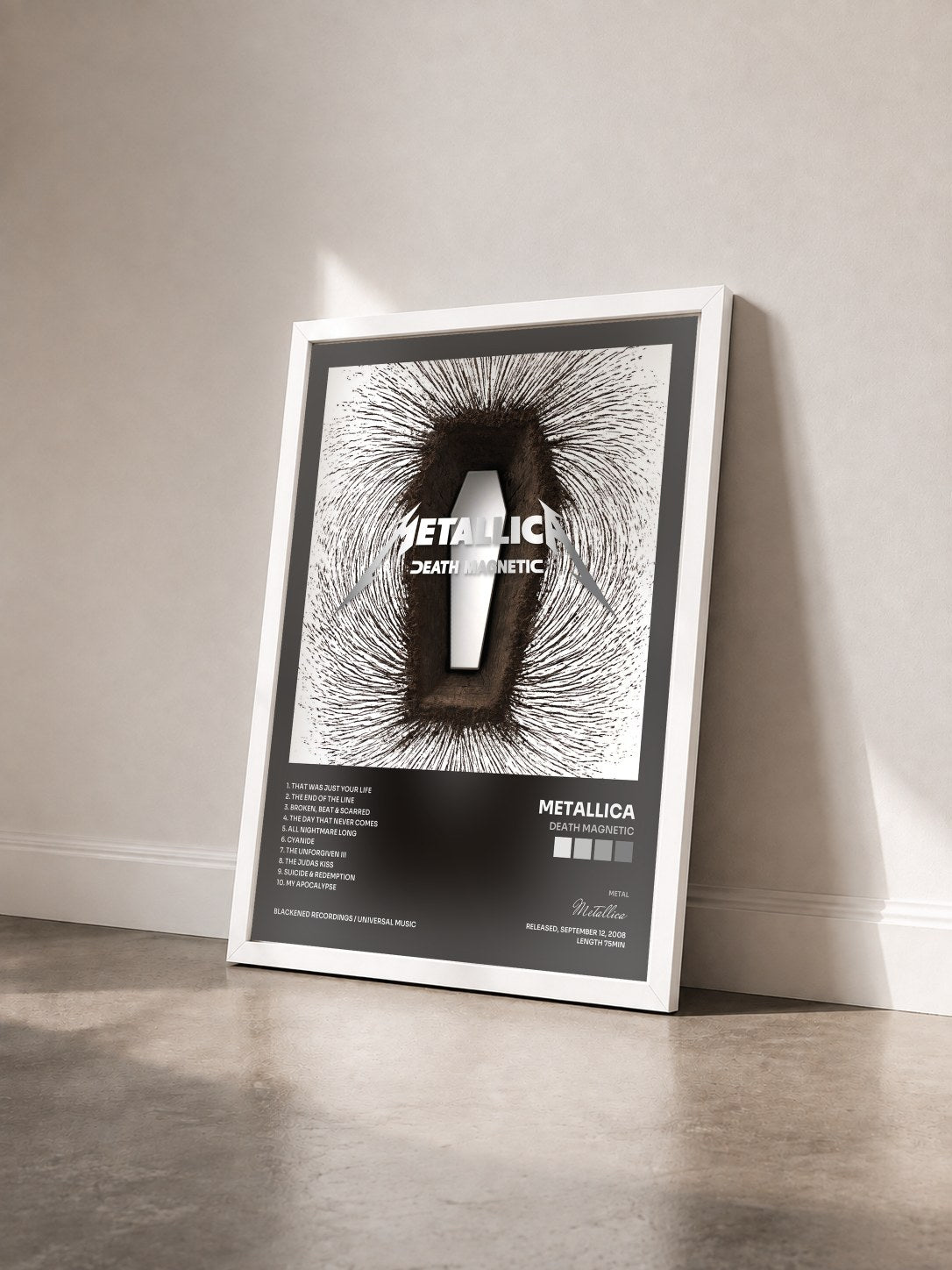#blanc Tableau de l'album Death Magnetic de Metallica vu de trois quarts, cadre blanc