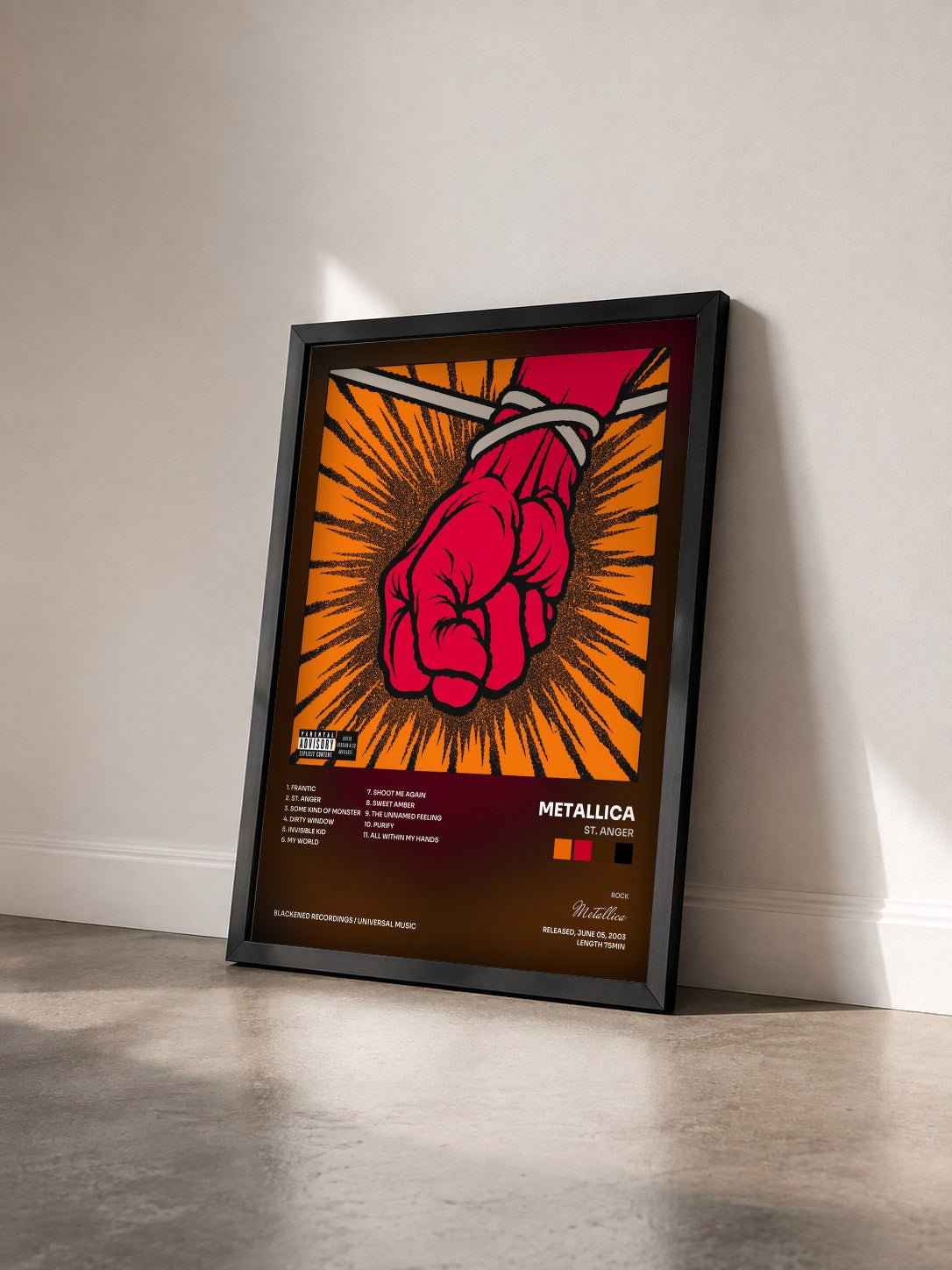 #noir St. Anger by Metallica as a framed art print seen at an angle, black frame