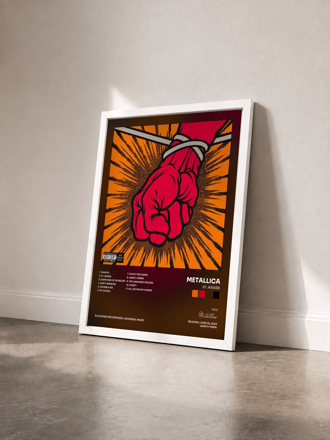 #blanc St. Anger by Metallica as a framed art print seen at an angle, white frame