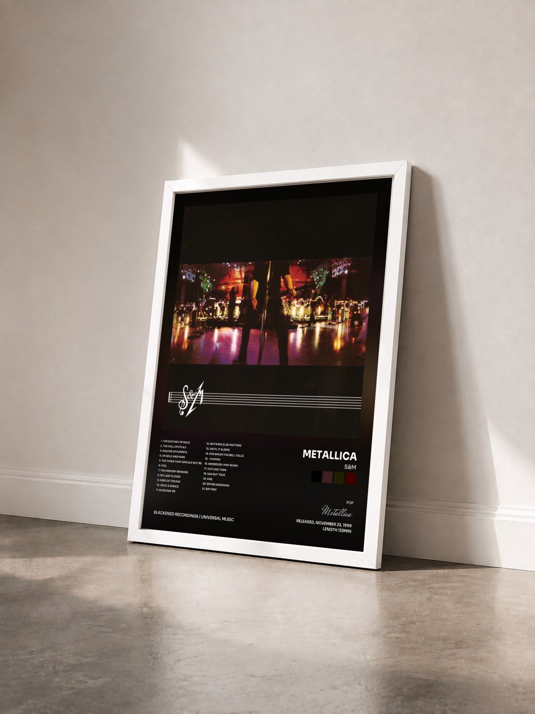 #blanc S&M by Metallica as a framed art print seen at an angle, white frame