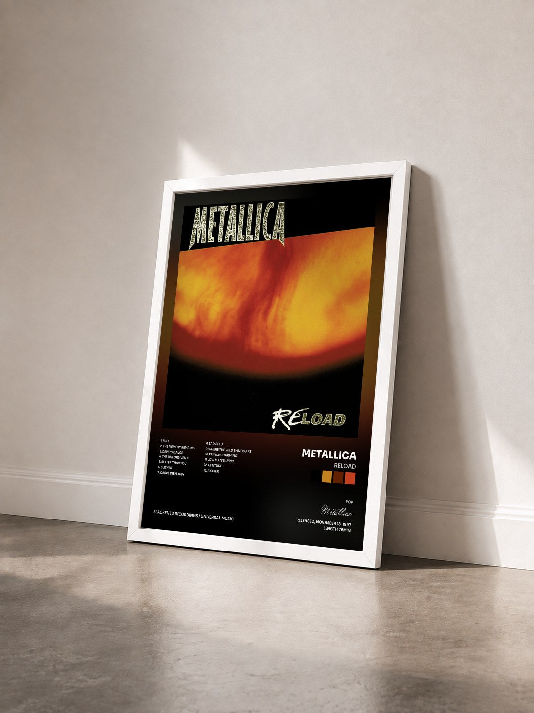 #blanc Reload by Metallica as a framed art print seen at an angle, white frame