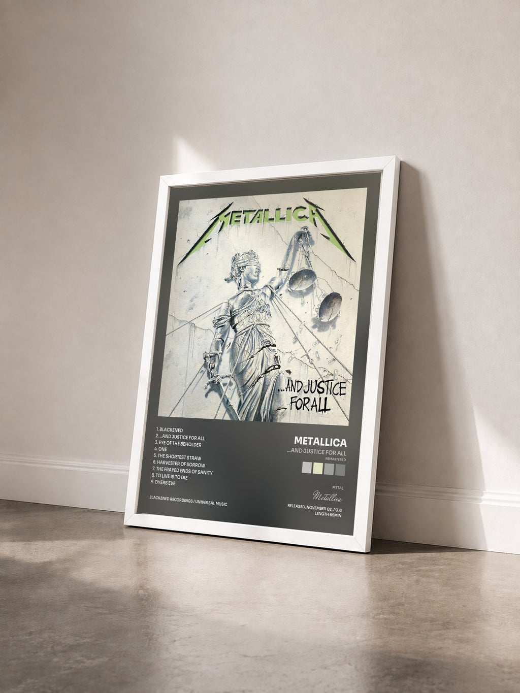 #blanc Tableau de l'album …And Justice for All (Remastered) de Metallica vu de trois quarts, cadre blanc