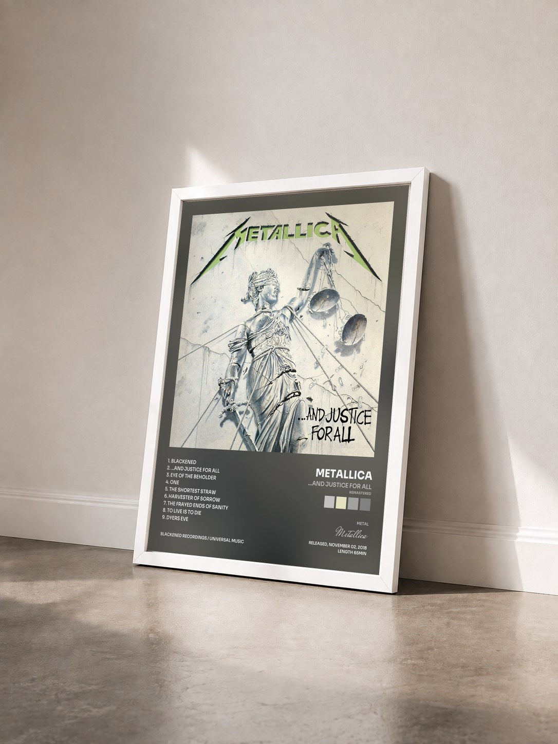 #blanc Tableau de l'album …And Justice for All (Remastered) de Metallica vu de trois quarts, cadre blanc