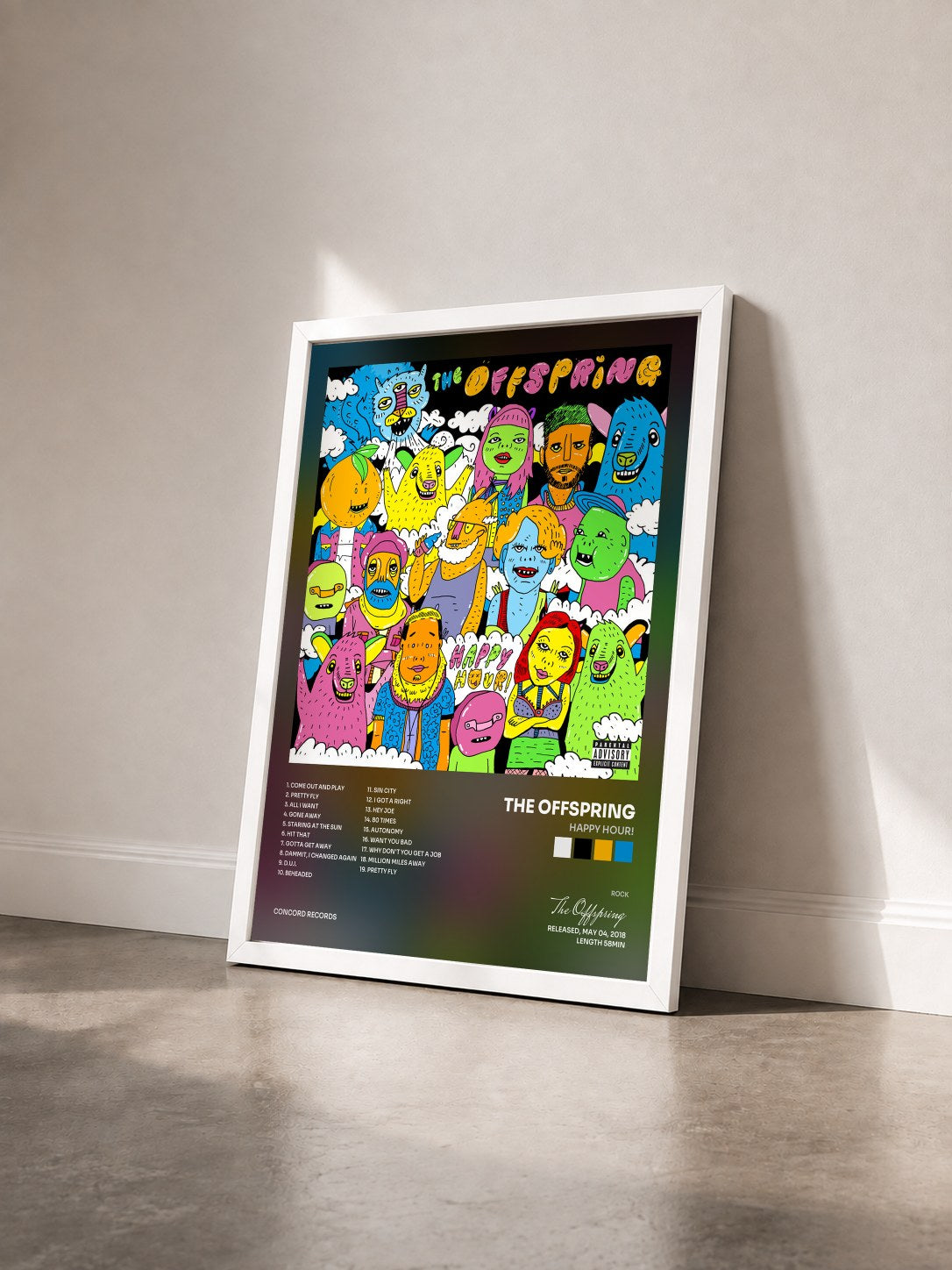 #blanc Tableau de l'album Happy Hour! de The Offspring vu de trois quarts, cadre blanc
