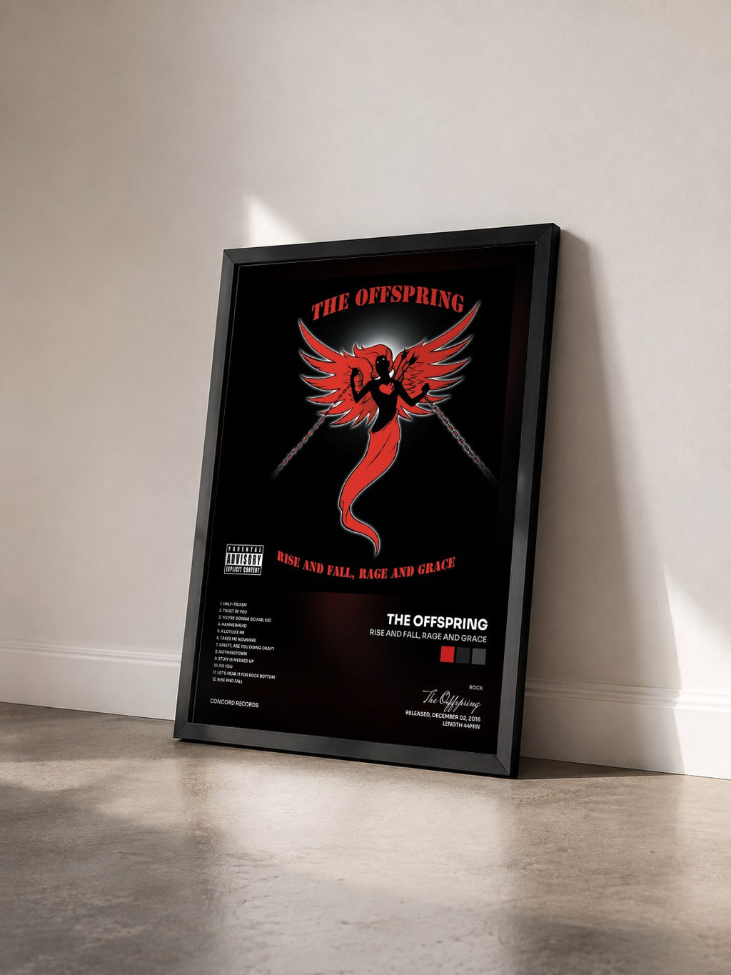 #noir Rise And Fall, Rage And Grace von The Offspring als gerahmter Kunstdruck von schräg gesehen, schwarzer Rahmen
