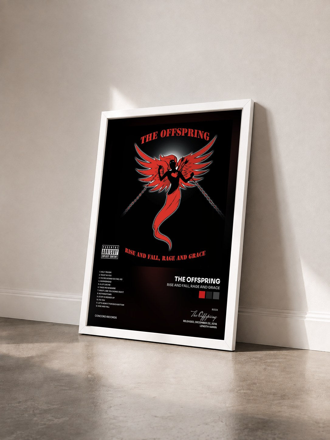 #blanc Tableau de l'album Rise And Fall, Rage And Grace de The Offspring vu de trois quarts, cadre blanc