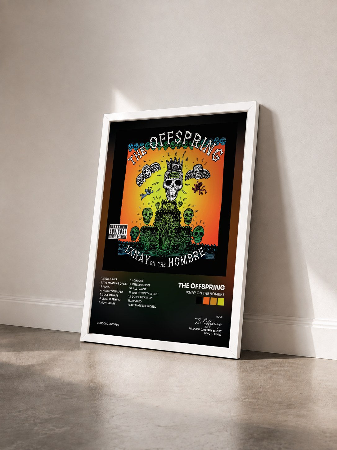 #blanc Tableau de l'album Ixnay On The Hombre de The Offspring vu de trois quarts, cadre blanc