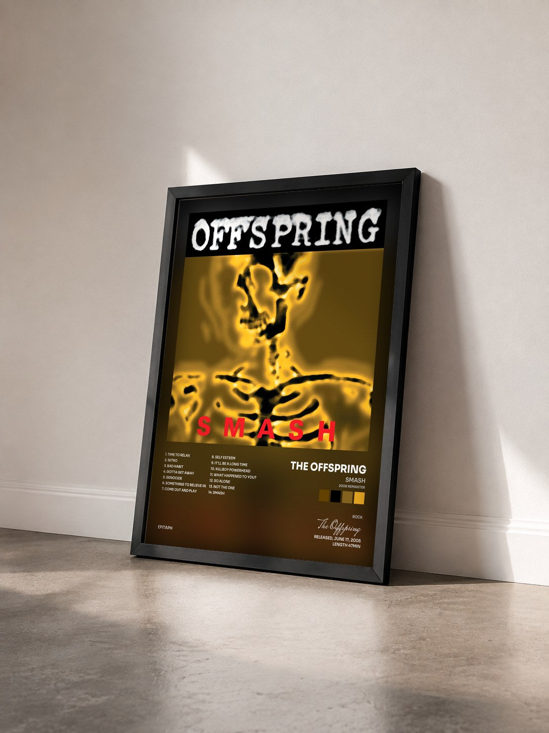 #noir Smash (2008 Remaster) by The Offspring as a framed art print seen at an angle, black frame