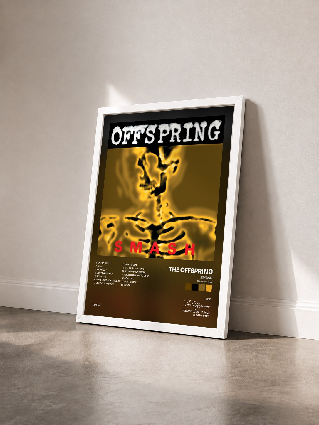 #blanc Smash (2008 Remaster) by The Offspring as a framed art print seen at an angle, white frame