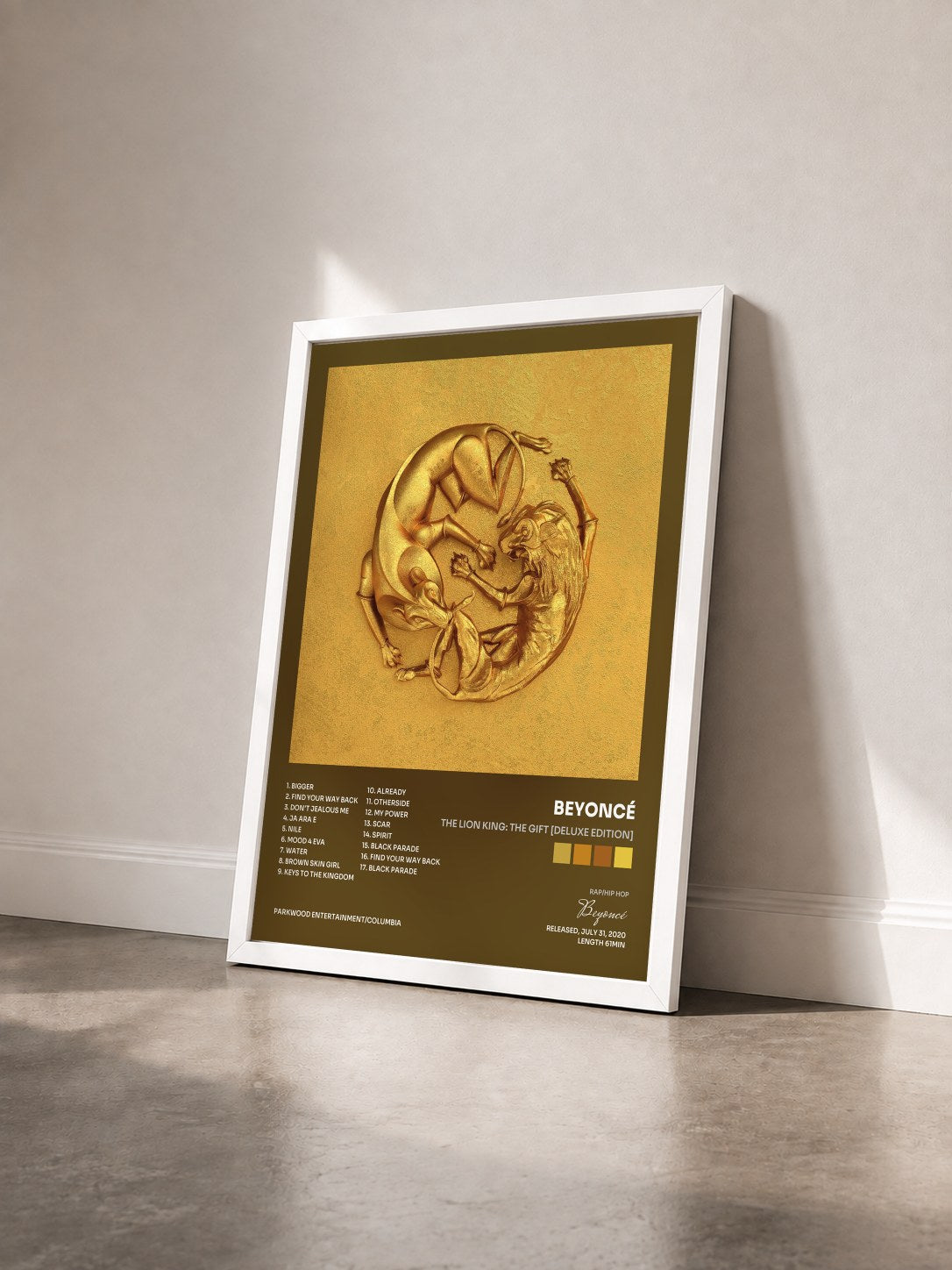 #blanc Tableau de l'album The Lion King: The Gift [Deluxe Edition] de Beyoncé vu de trois quarts, cadre blanc