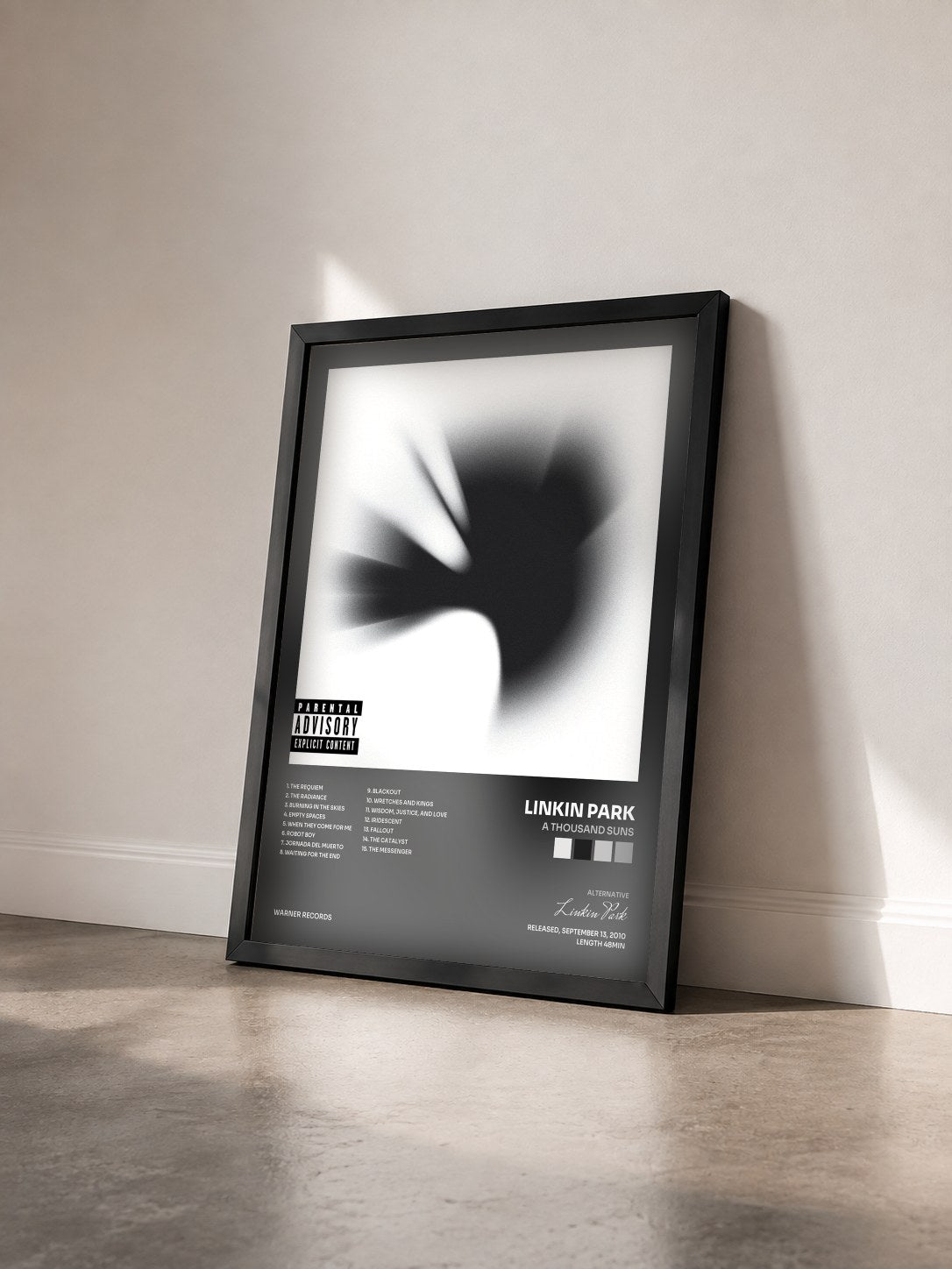 #noir A Thousand Suns by Linkin Park as a framed art print seen at an angle, black frame
